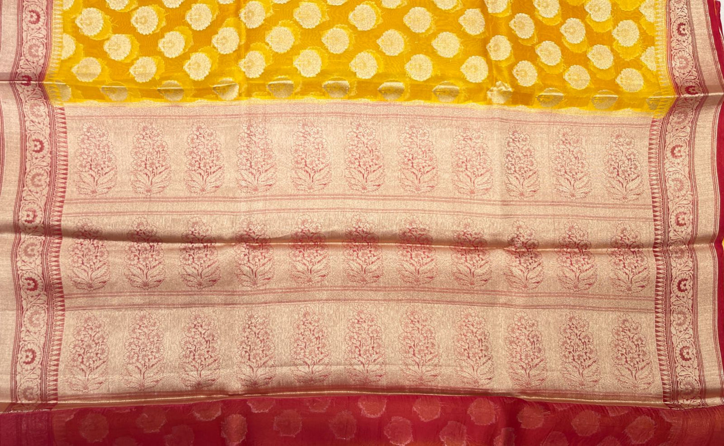 Faishana Pure Handloom Yellow Organza Floral Zari Booti with Contrast Red Big Floral Boota Pallu Zari Border and Red Blouse