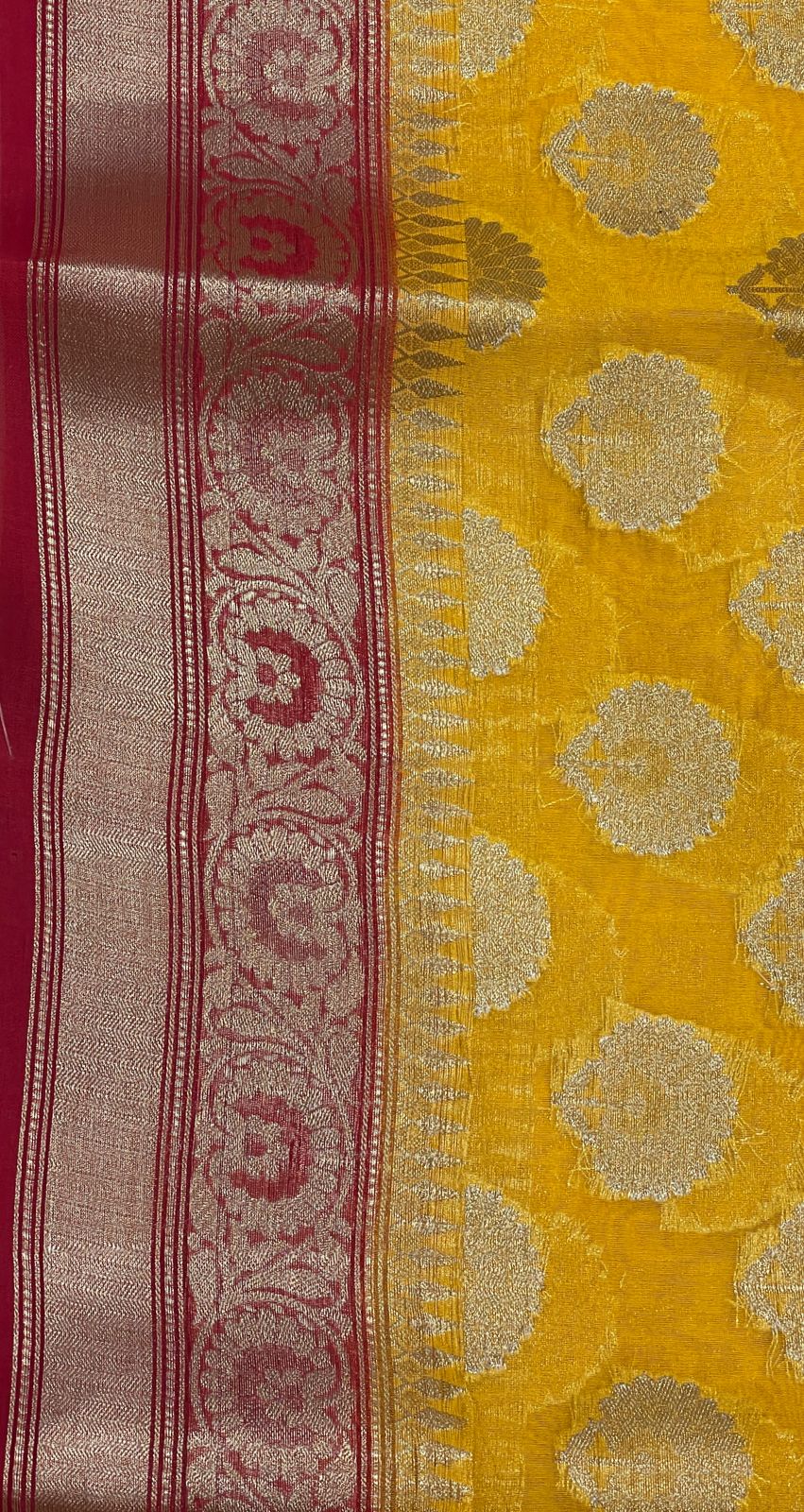 Faishana Pure Handloom Yellow Organza Floral Zari Booti with Contrast Red Big Floral Boota Pallu Zari Border and Red Blouse
