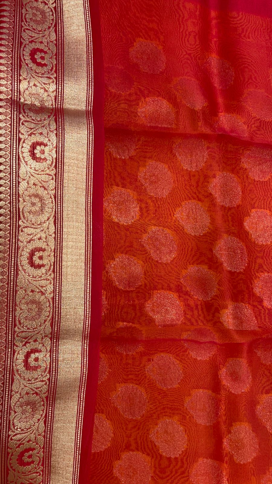 Faishana Pure Handloom Yellow Organza Floral Zari Booti with Contrast Red Big Floral Boota Pallu Zari Border and Red Blouse