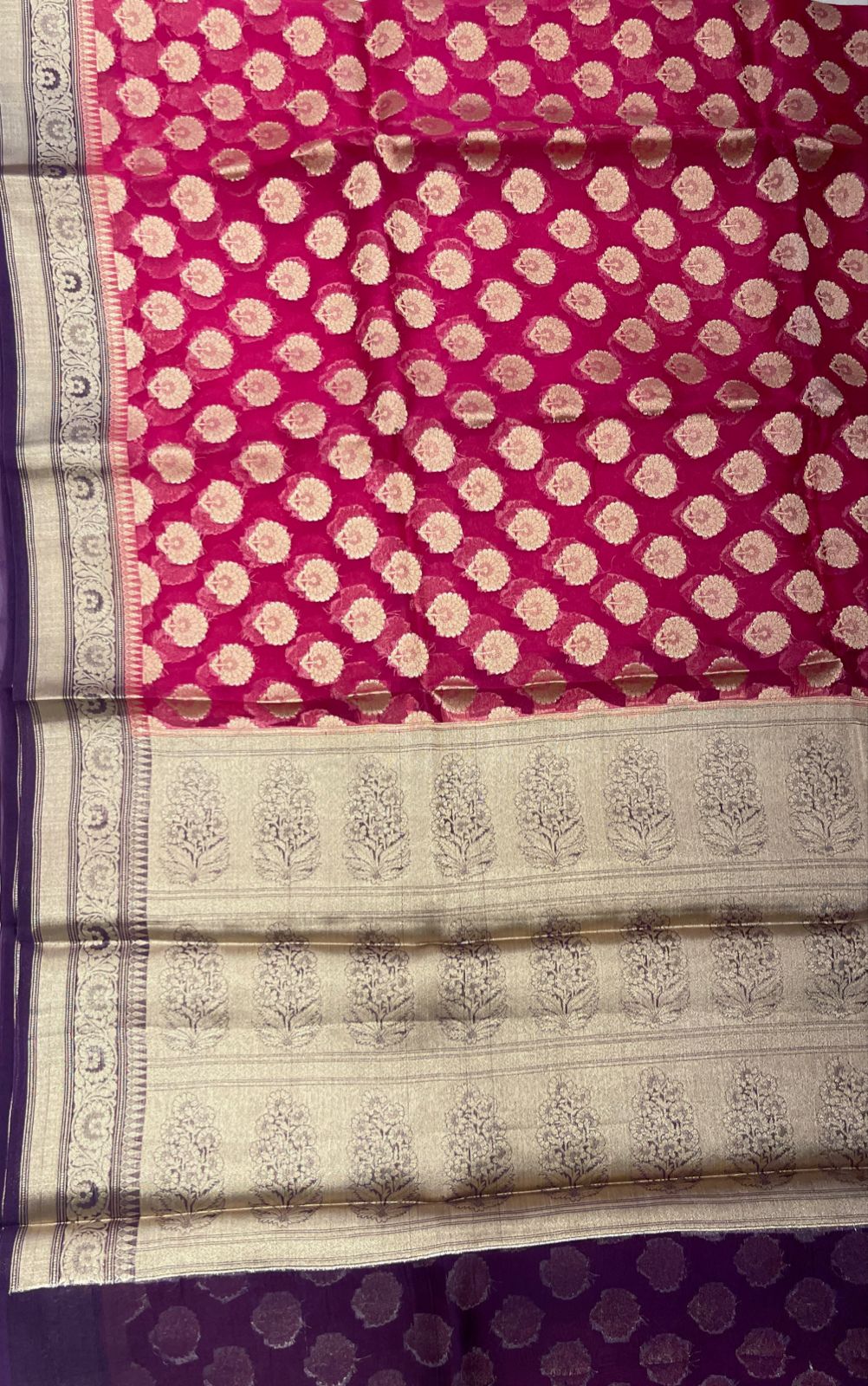 Faishana Pure Handloom Dark Pink Organza Floral Zari Booti with Contrast Purple Big Floral Boota Pallu Zari Border and Purple Blouse