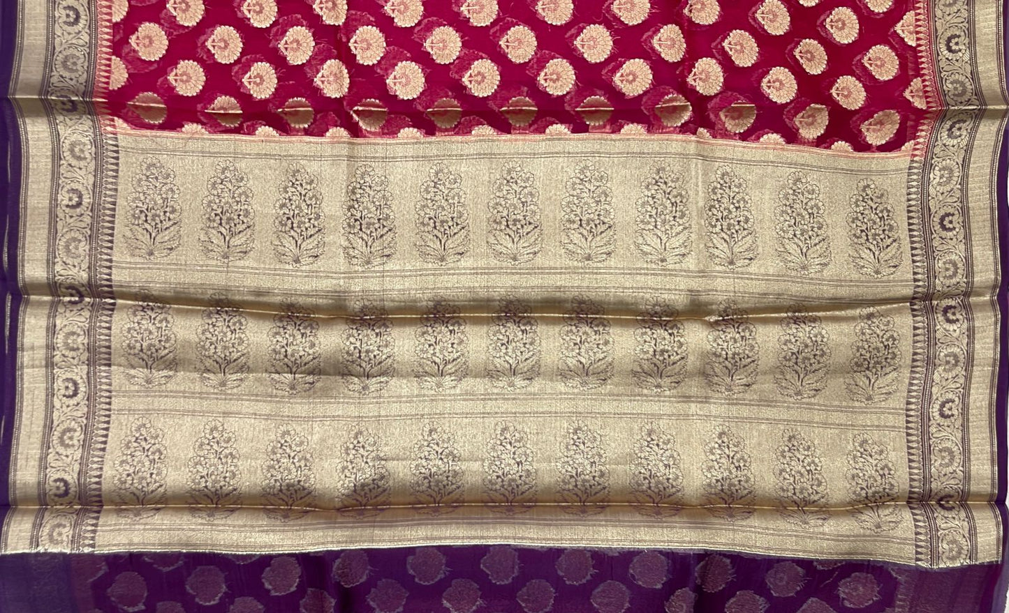 Faishana Pure Handloom Dark Pink Organza Floral Zari Booti with Contrast Purple Big Floral Boota Pallu Zari Border and Purple Blouse