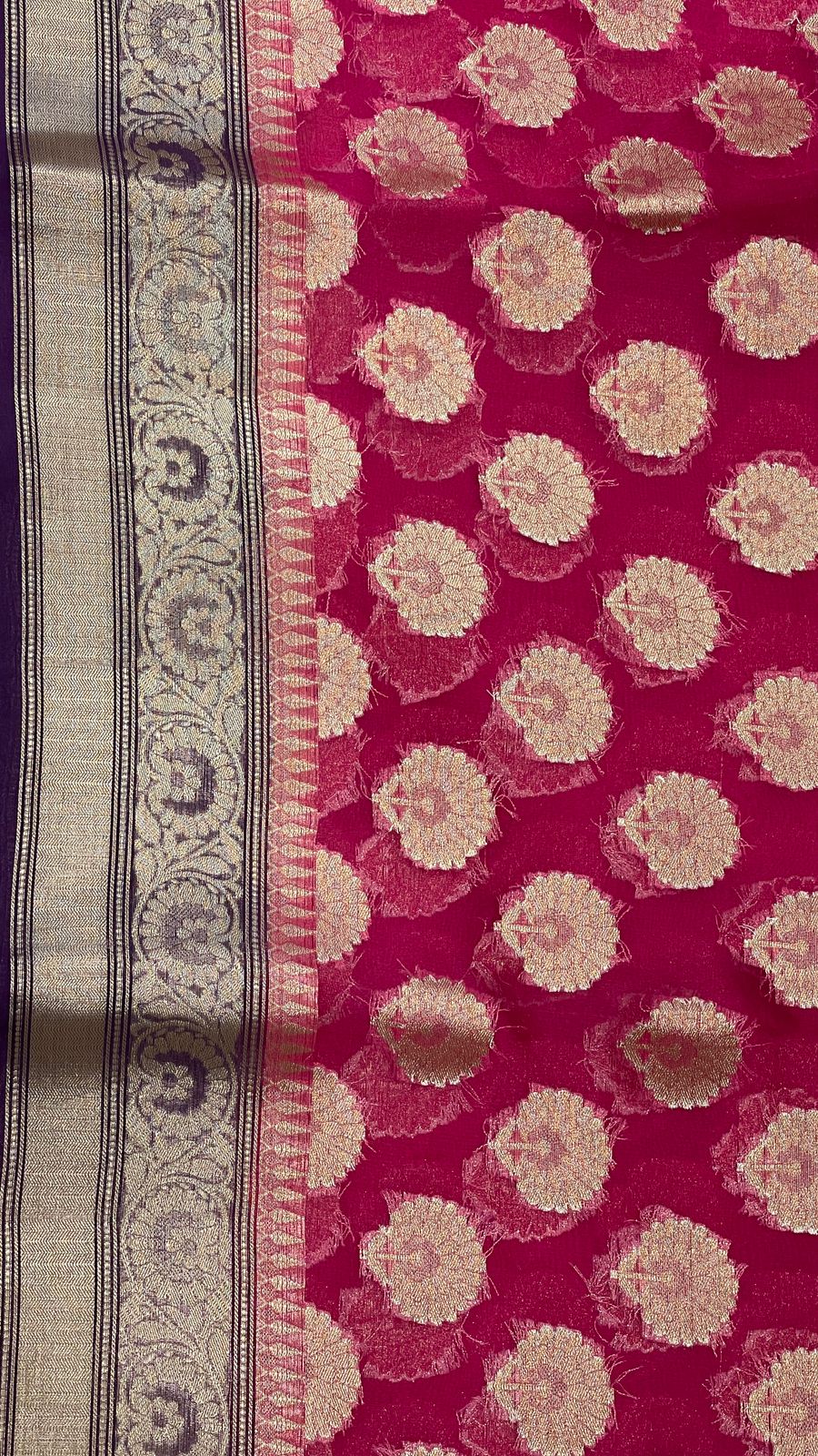 Faishana Pure Handloom Dark Pink Organza Floral Zari Booti with Contrast Purple Big Floral Boota Pallu Zari Border and Purple Blouse