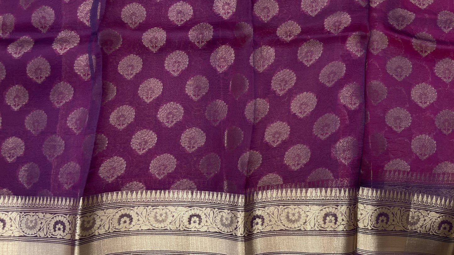 Faishana Pure Handloom Dark Pink Organza Floral Zari Booti with Contrast Purple Big Floral Boota Pallu Zari Border and Purple Blouse