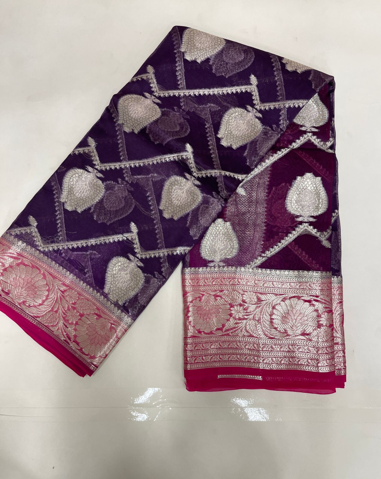 Faishana Pure Handloom Purple Organza Floral Zari Booti Ada Stripe with Contrast Red Big Floral Boota Pallu Zari Border and Red Blouse