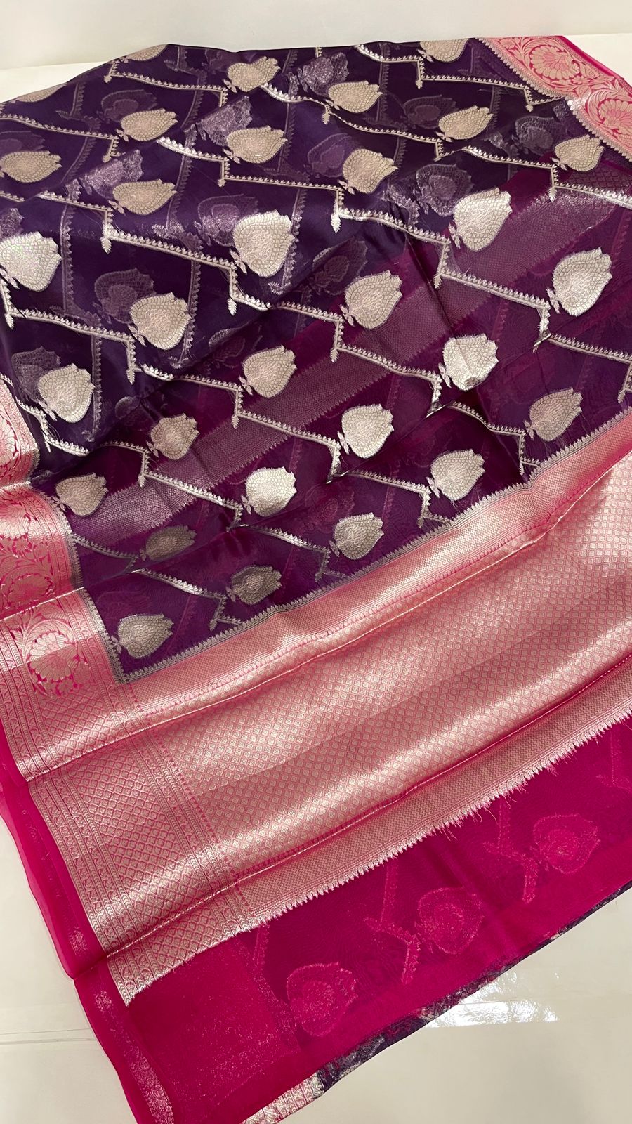 Faishana Pure Handloom Purple Organza Floral Zari Booti Ada Stripe with Contrast Red Big Floral Boota Pallu Zari Border and Red Blouse