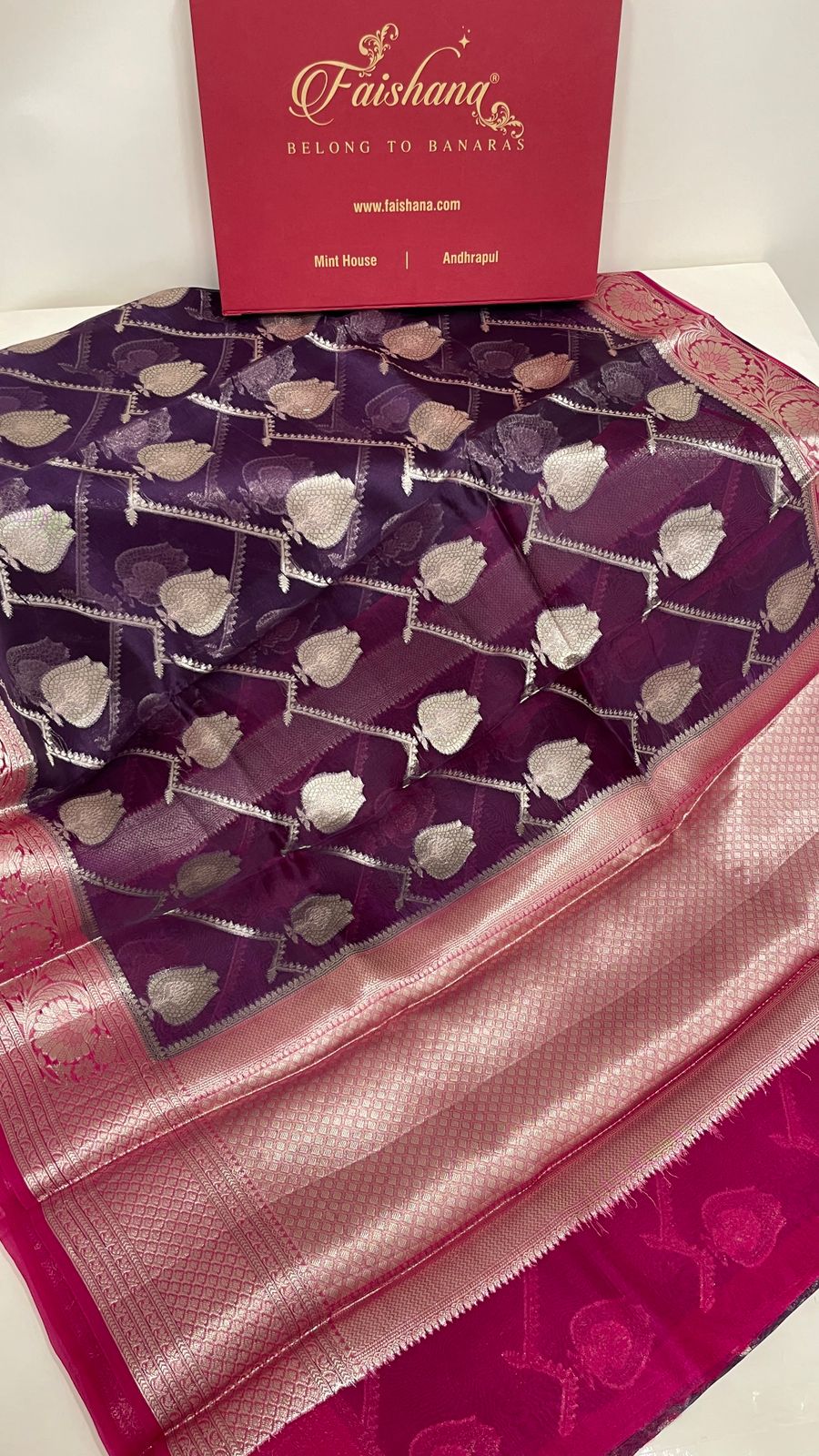Faishana Pure Handloom Purple Organza Floral Zari Booti Ada Stripe with Contrast Red Big Floral Boota Pallu Zari Border and Red Blouse