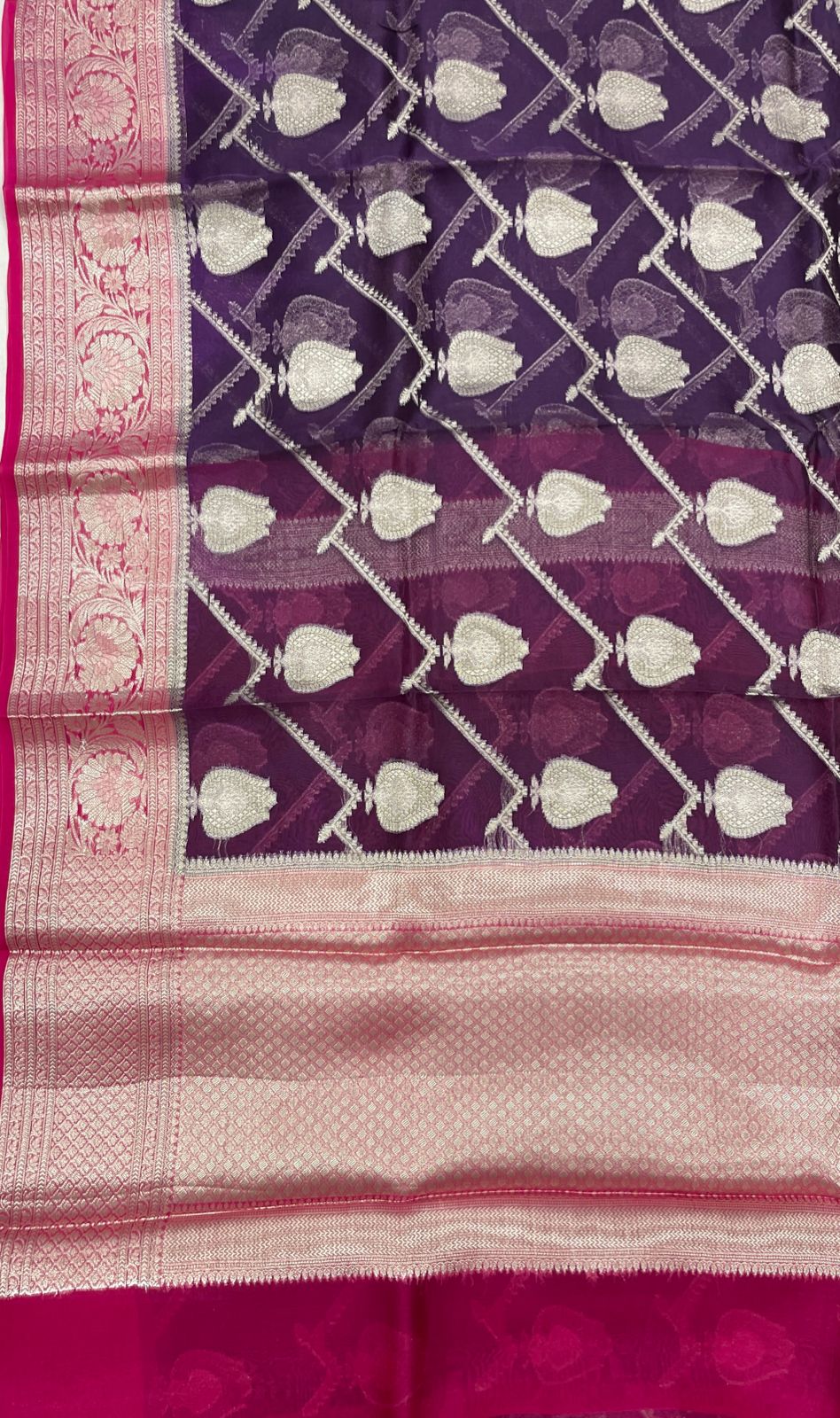Faishana Pure Handloom Purple Organza Floral Zari Booti Ada Stripe with Contrast Red Big Floral Boota Pallu Zari Border and Red Blouse