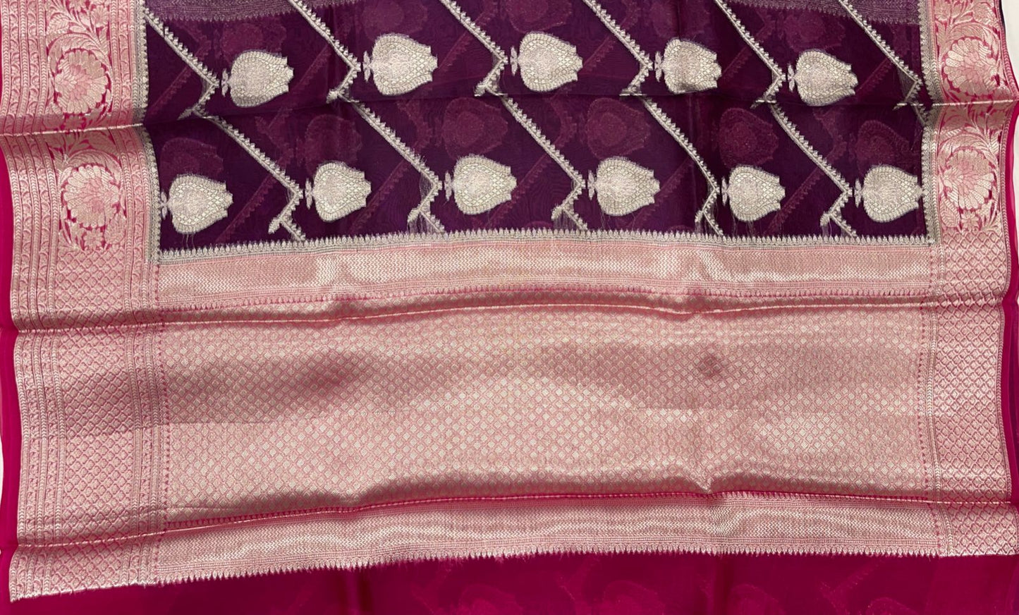 Faishana Pure Handloom Purple Organza Floral Zari Booti Ada Stripe with Contrast Red Big Floral Boota Pallu Zari Border and Red Blouse