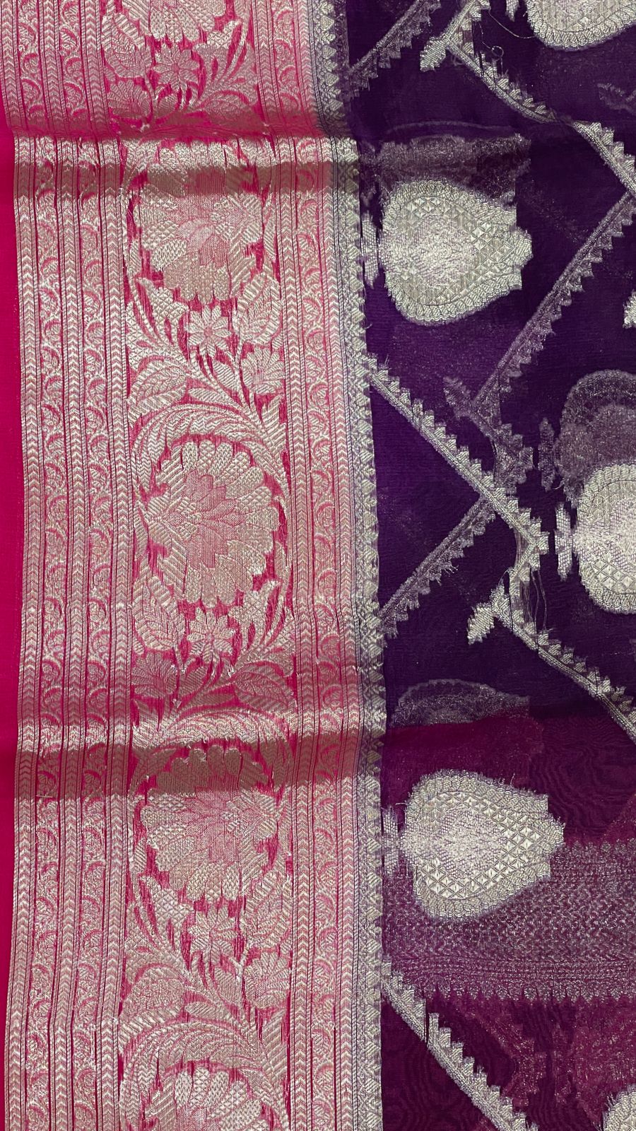 Faishana Pure Handloom Purple Organza Floral Zari Booti Ada Stripe with Contrast Red Big Floral Boota Pallu Zari Border and Red Blouse
