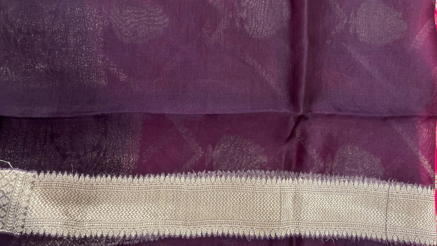 Faishana Pure Handloom Pink Organza Floral Zari Booti Ada Stripe with Contrast Purple Big Floral Boota Pallu Zari Border and Purple Blouse