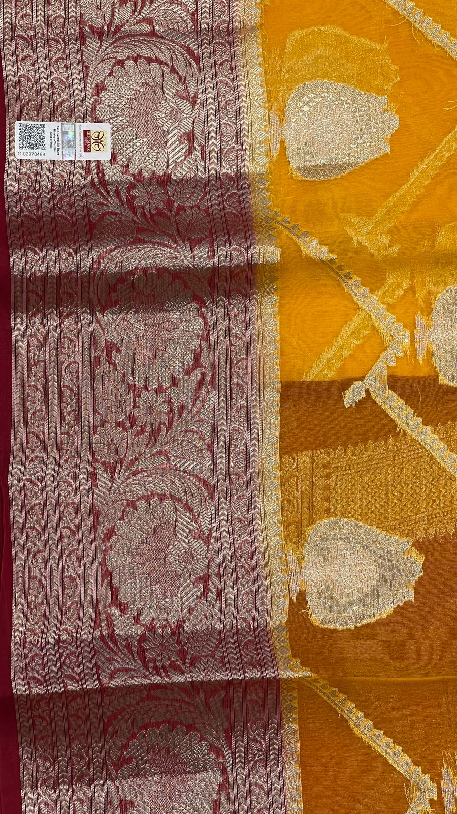 Faishana Pure Handloom Yellow Organza Floral Zari Booti Ada Stripe with Contrast Red Big Floral Boota Pallu Zari Border and Red Blouse