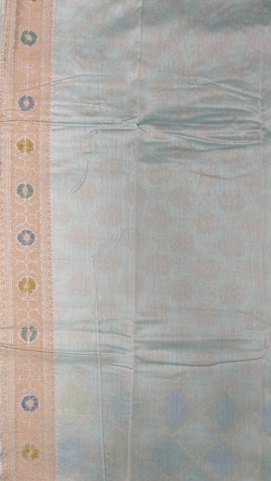 Faishana Pure Handloom Light Blue Cotton Silk Zari Booti with Rangkaat Banarasi Zari Hand Painted Floral Pallu and Zari Border with Light Blue Blouse