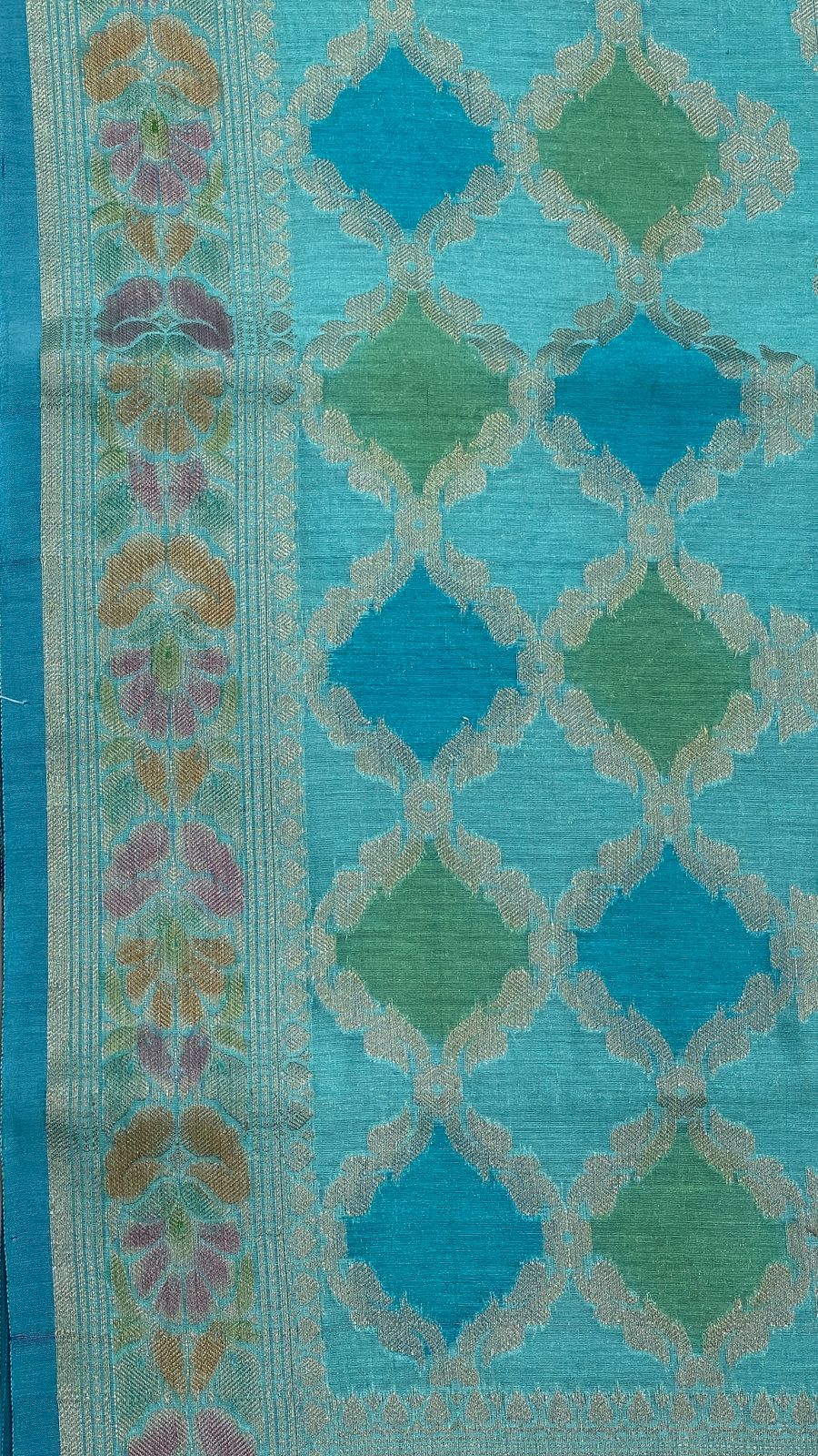 Faishana Pure Handloom Sky Blue Cotton Silk Zari Booti with Rangkaat Banarasi Zari Hand Painted Floral Pallu and Zari Border with Sky Blue Blouse