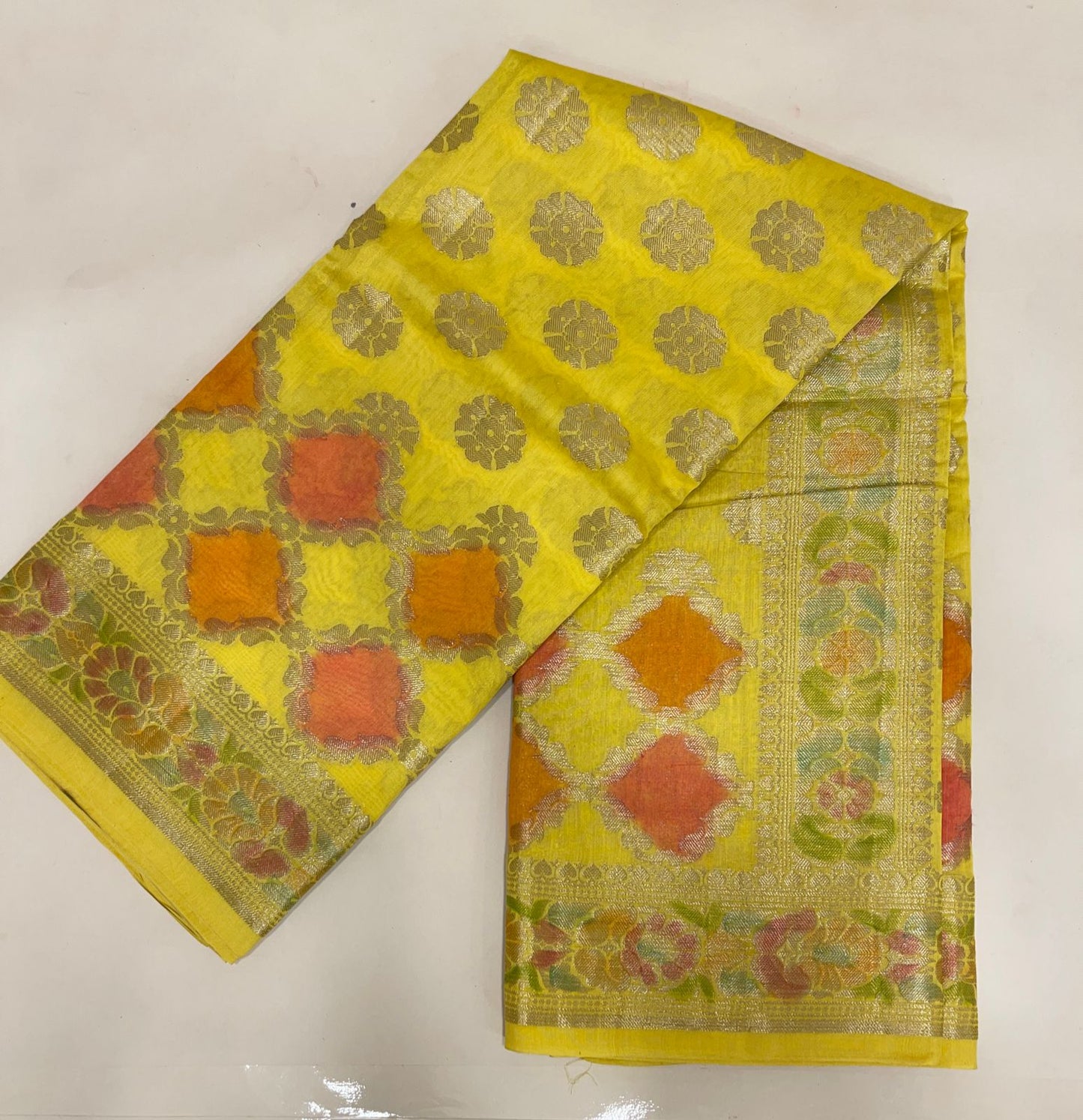 Faishana Pure Handloom Yellow Cotton Silk Zari Booti with Rangkaat Banarasi Zari Hand Painted Floral Pallu and Zari Border with Yellow Blouse