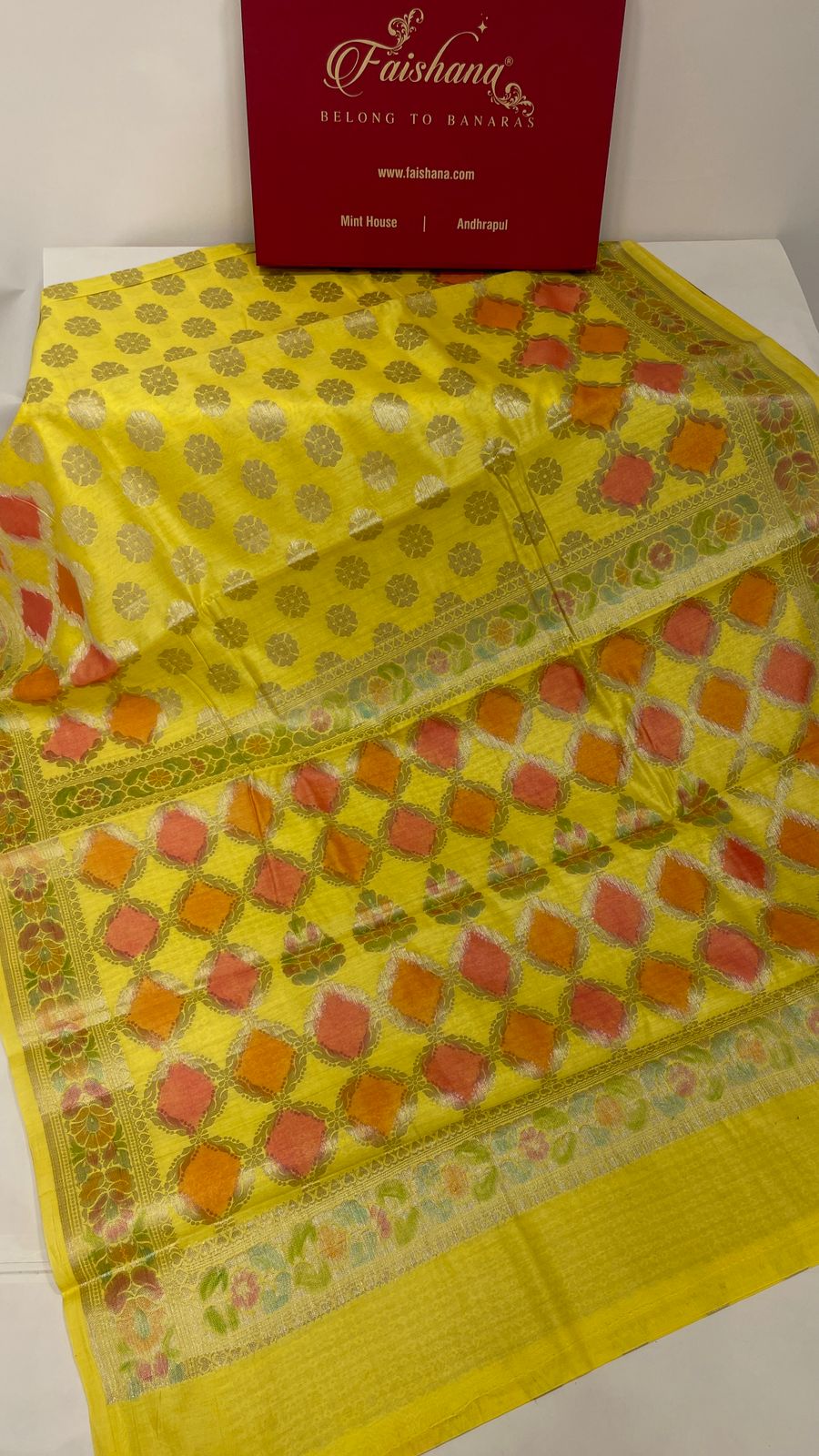 Faishana Pure Handloom Yellow Cotton Silk Zari Booti with Rangkaat Banarasi Zari Hand Painted Floral Pallu and Zari Border with Yellow Blouse