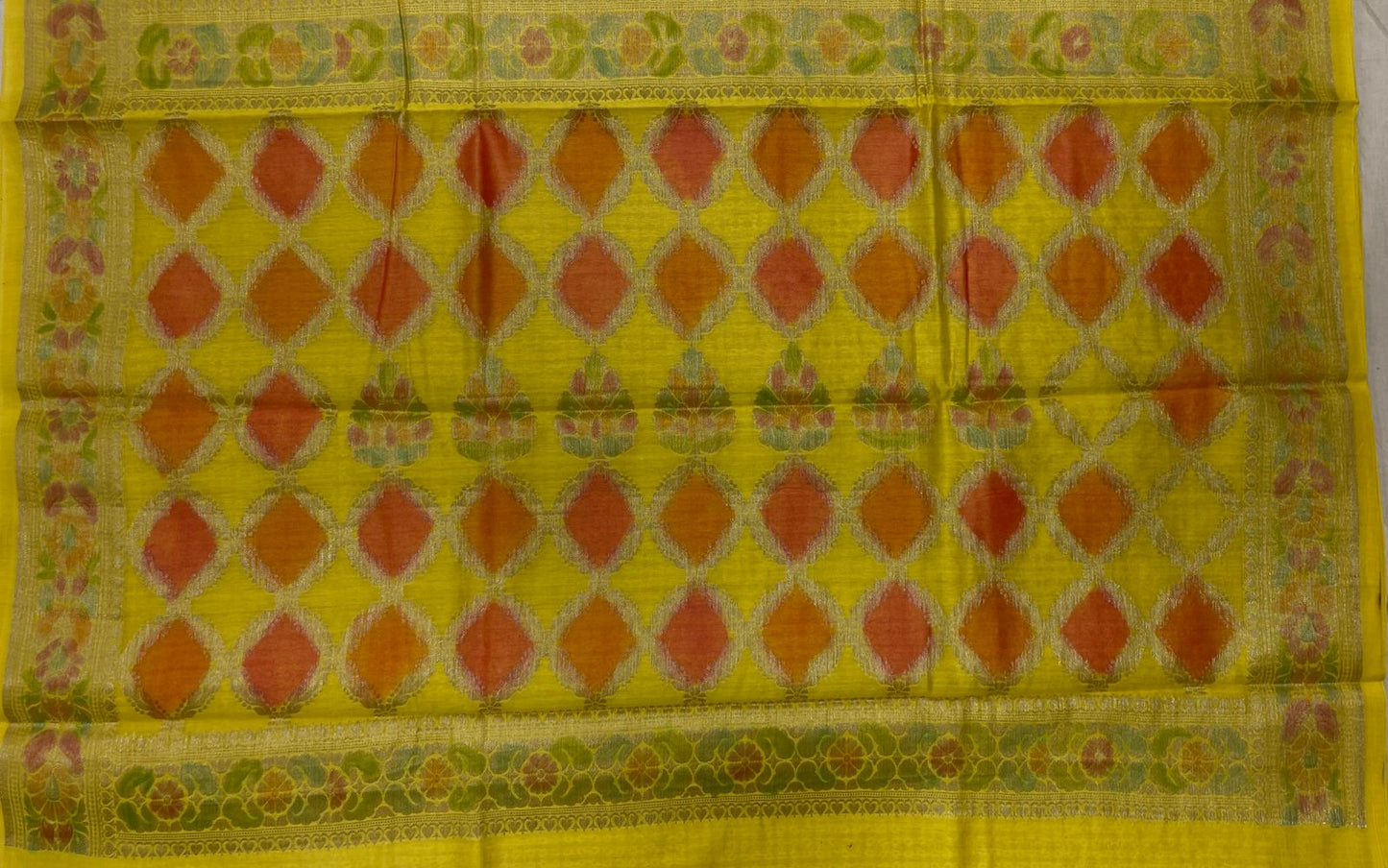 Faishana Pure Handloom Yellow Cotton Silk Zari Booti with Rangkaat Banarasi Zari Hand Painted Floral Pallu and Zari Border with Yellow Blouse