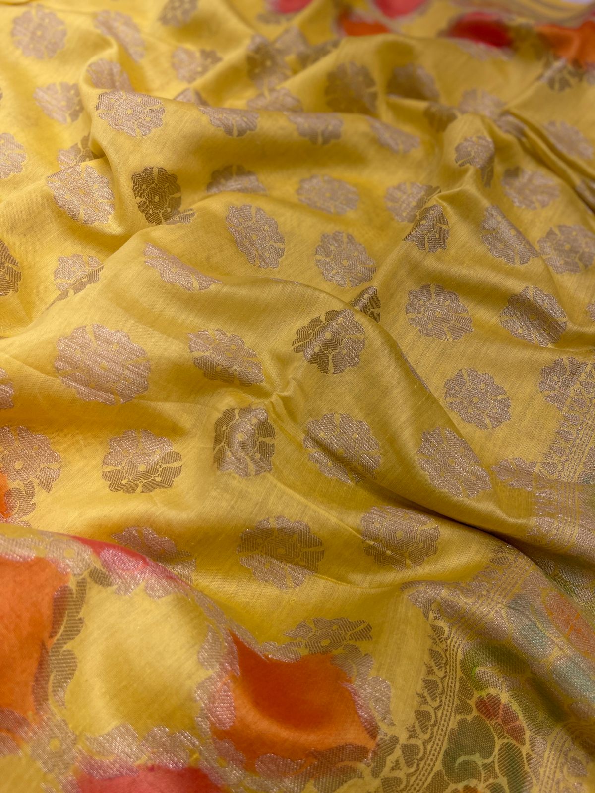 Faishana Pure Handloom Yellow Cotton Silk Zari Booti with Rangkaat Banarasi Zari Hand Painted Floral Pallu and Zari Border with Yellow Blouse