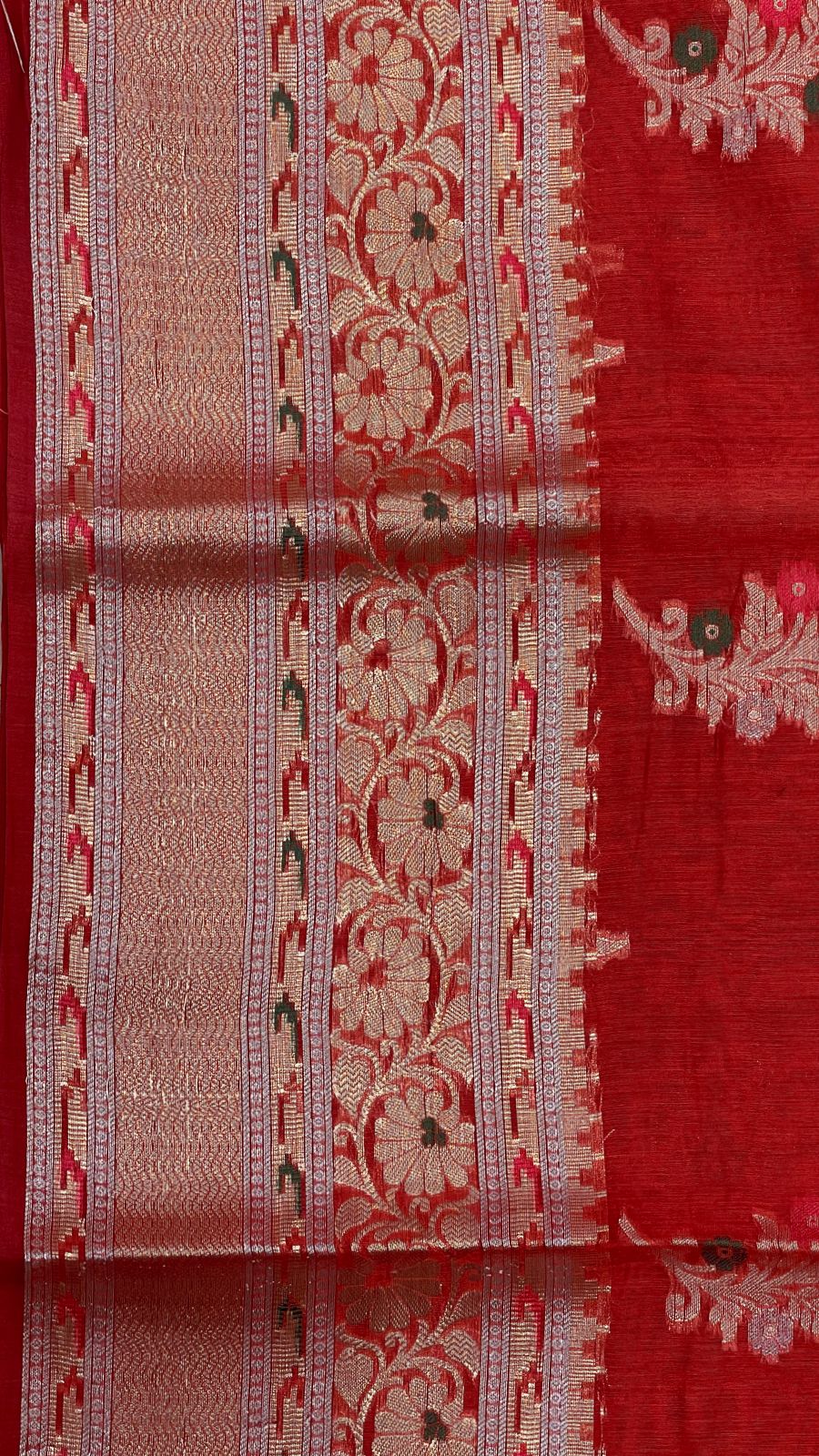 Faishana Pure Handloom Red Cotton Golden Zari Mina Boota with Skirt Mina Banarasi Zari Border and Red Blouse