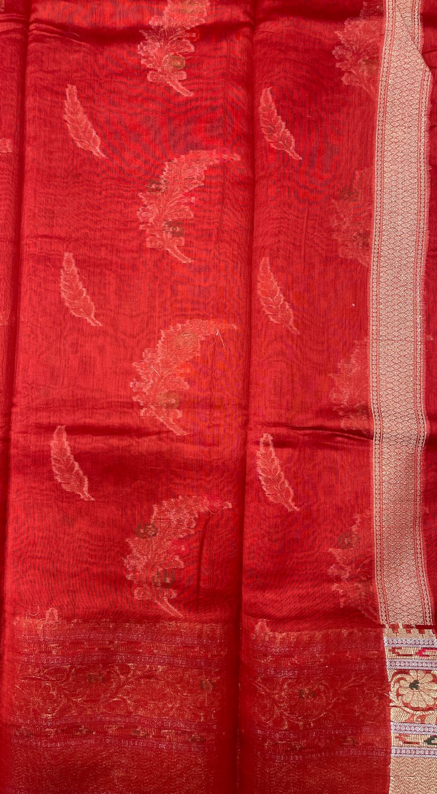 Faishana Pure Handloom Red Cotton Golden Zari Mina Boota with Skirt Mina Banarasi Zari Border and Red Blouse