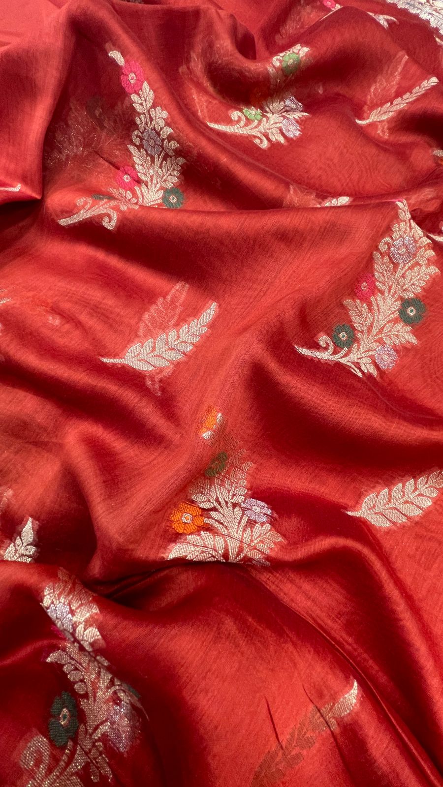 Faishana Pure Handloom Red Cotton Golden Zari Mina Boota with Skirt Mina Banarasi Zari Border and Red Blouse