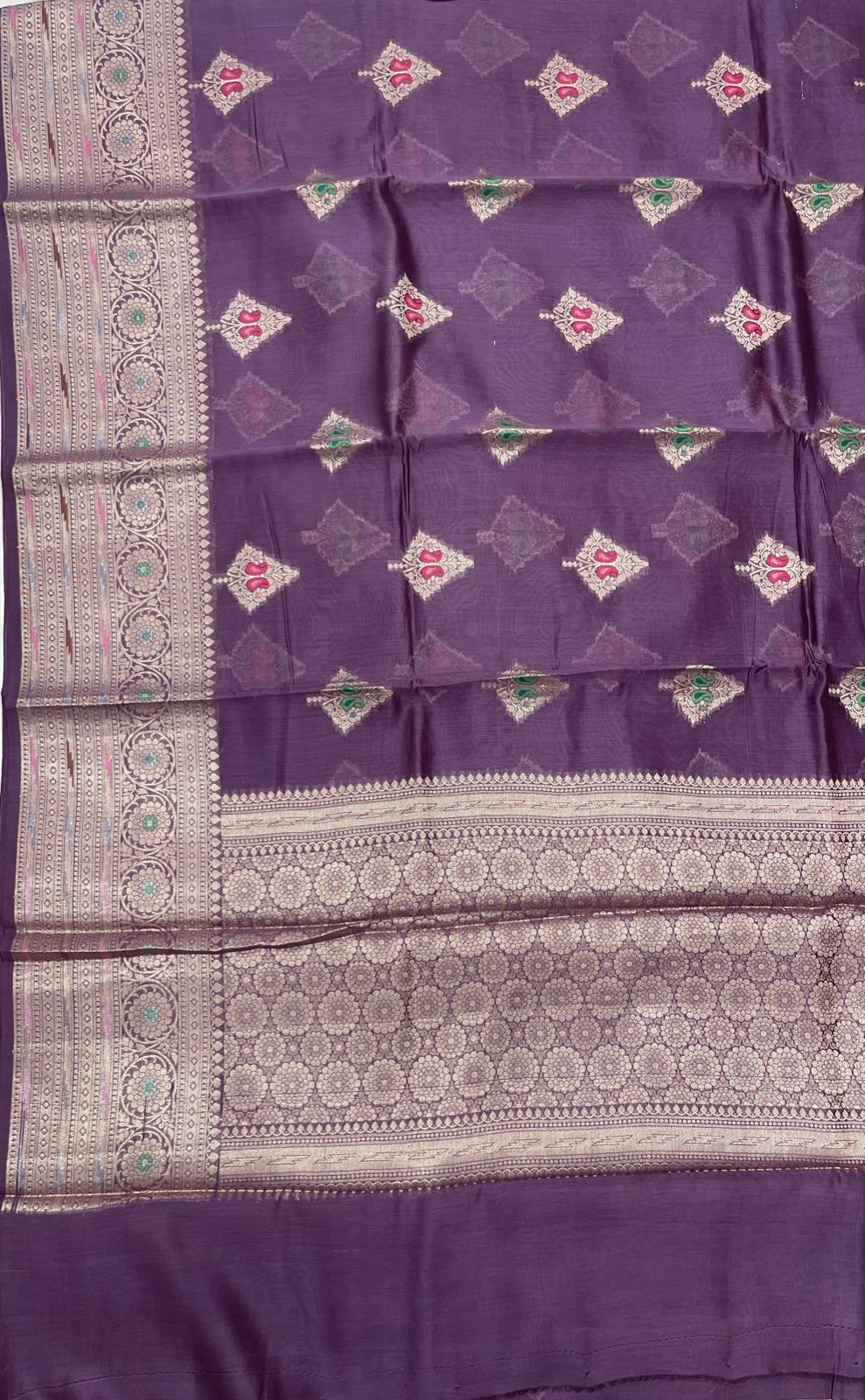 Faishana Pure Handloom Light Purple Cotton Silver Zari Mina Boota with Skirt Mina Zari Border and Light Purple Blouse