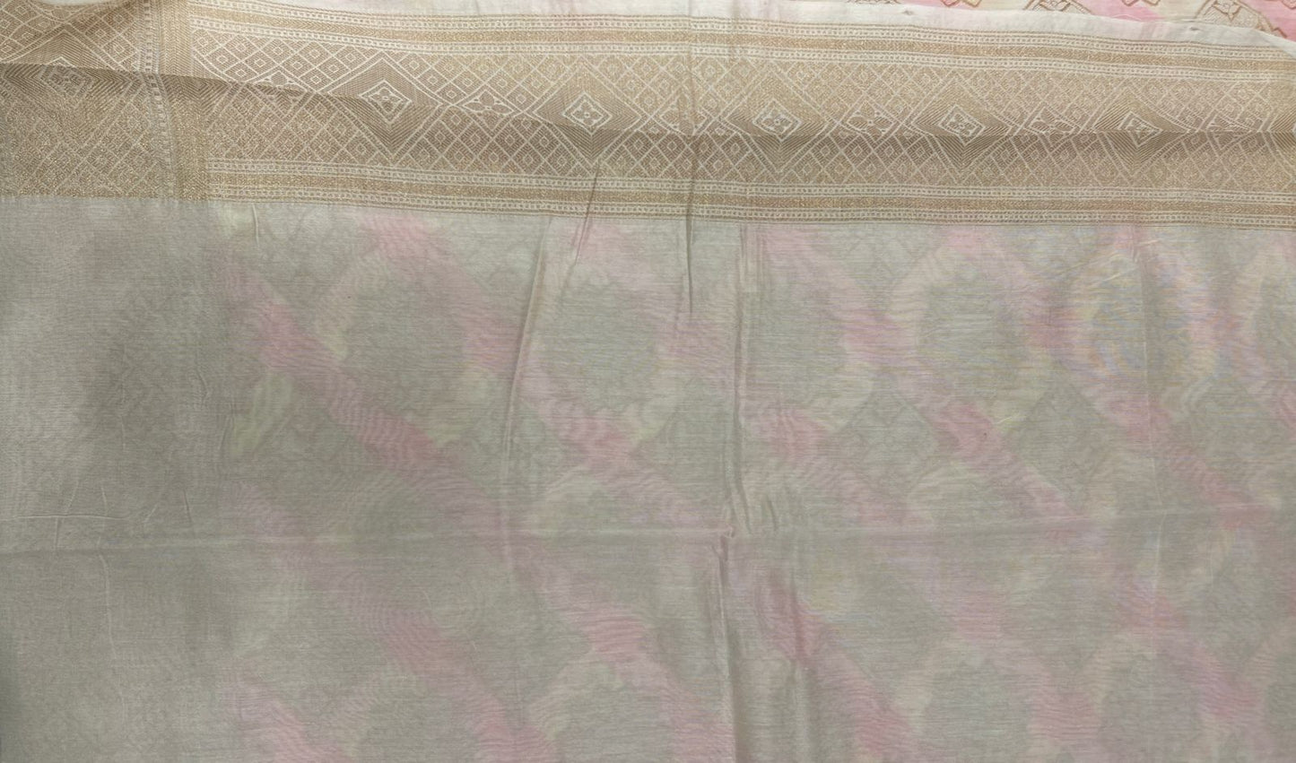 Faishana Pure Handloom Off-white Cotton Zari Boota Handpainted Pink Stripe with Gold Handpainted Pallu Zari Border and Off-white Blouse