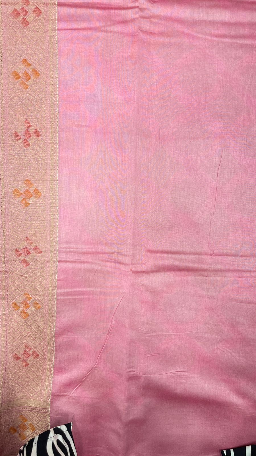 Faishana Pure Handloom Light Pink Cotton Zari Boota Handpainted Stripe with Pink Handpainted Pallu Zari Border and Pink Blouse