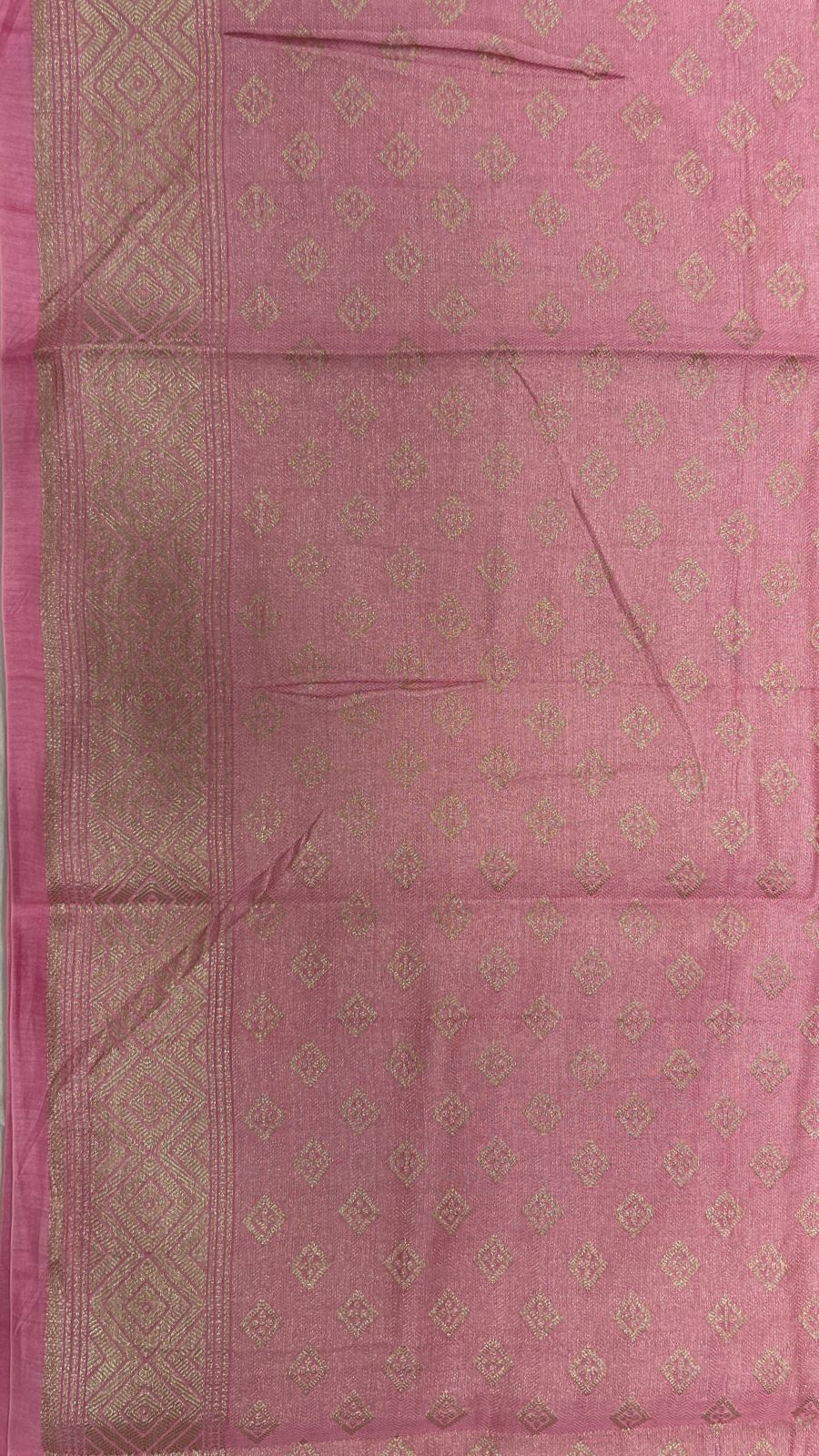 Faishana Pure Handloom Baby Pink Cotton Golden Zari Hand Painted Booti with Golden Zari Zig-Zag Handpainted Pallu Zari Border and Baby Pink Blouse