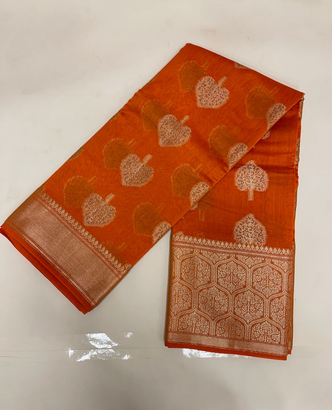Faishana Pure Handloom Orange Cotton Golden Zari Paan Boota with Skirt Floral Zari Border and Orange Blouse
