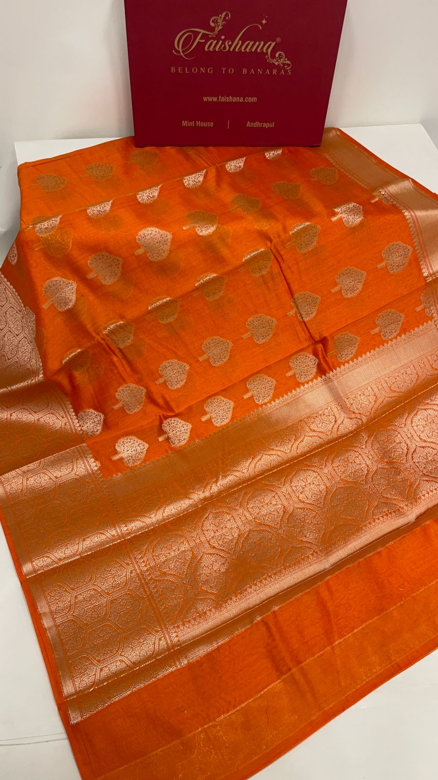 Faishana Pure Handloom Orange Cotton Golden Zari Paan Boota with Skirt Floral Zari Border and Orange Blouse