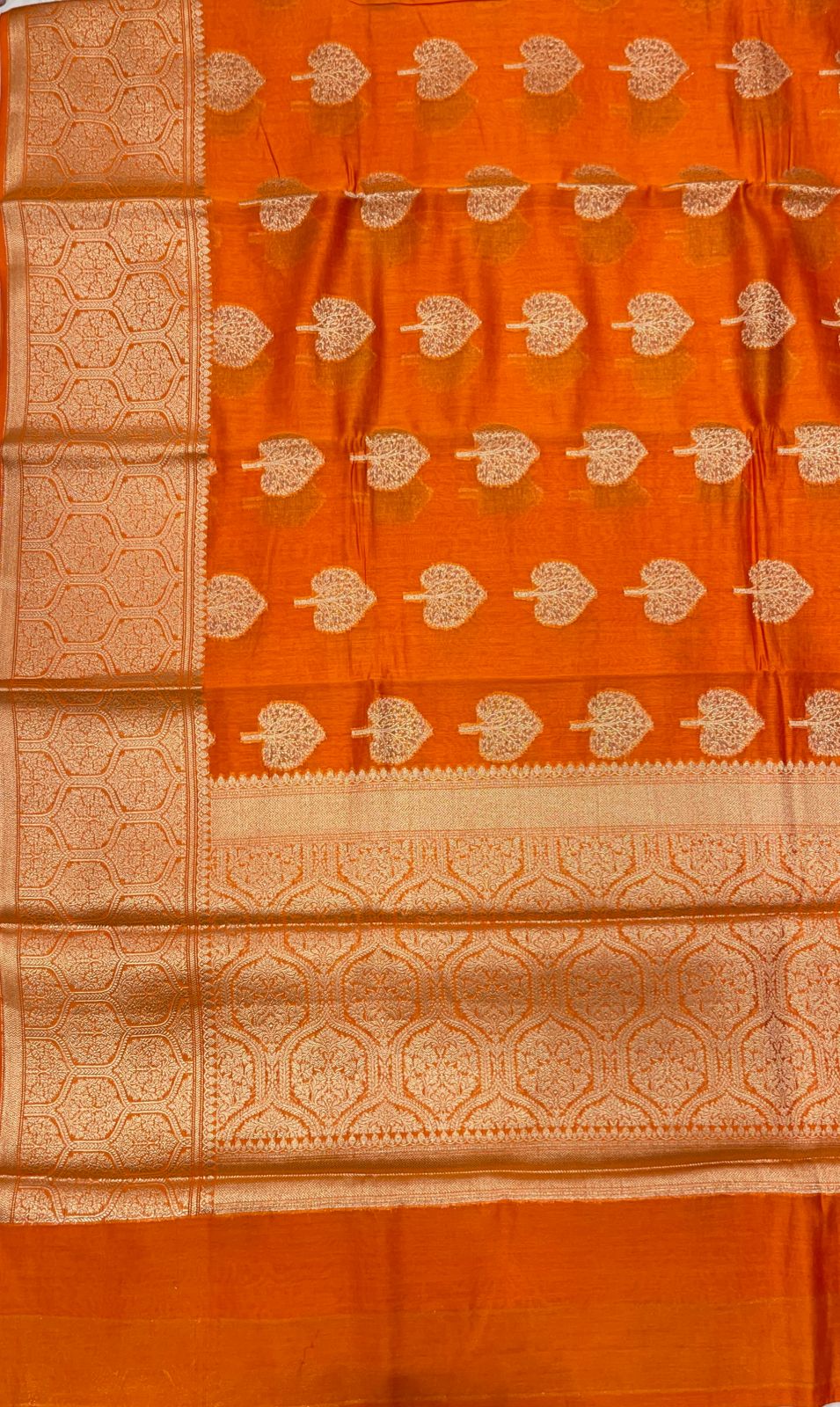Faishana Pure Handloom Orange Cotton Golden Zari Paan Boota with Skirt Floral Zari Border and Orange Blouse