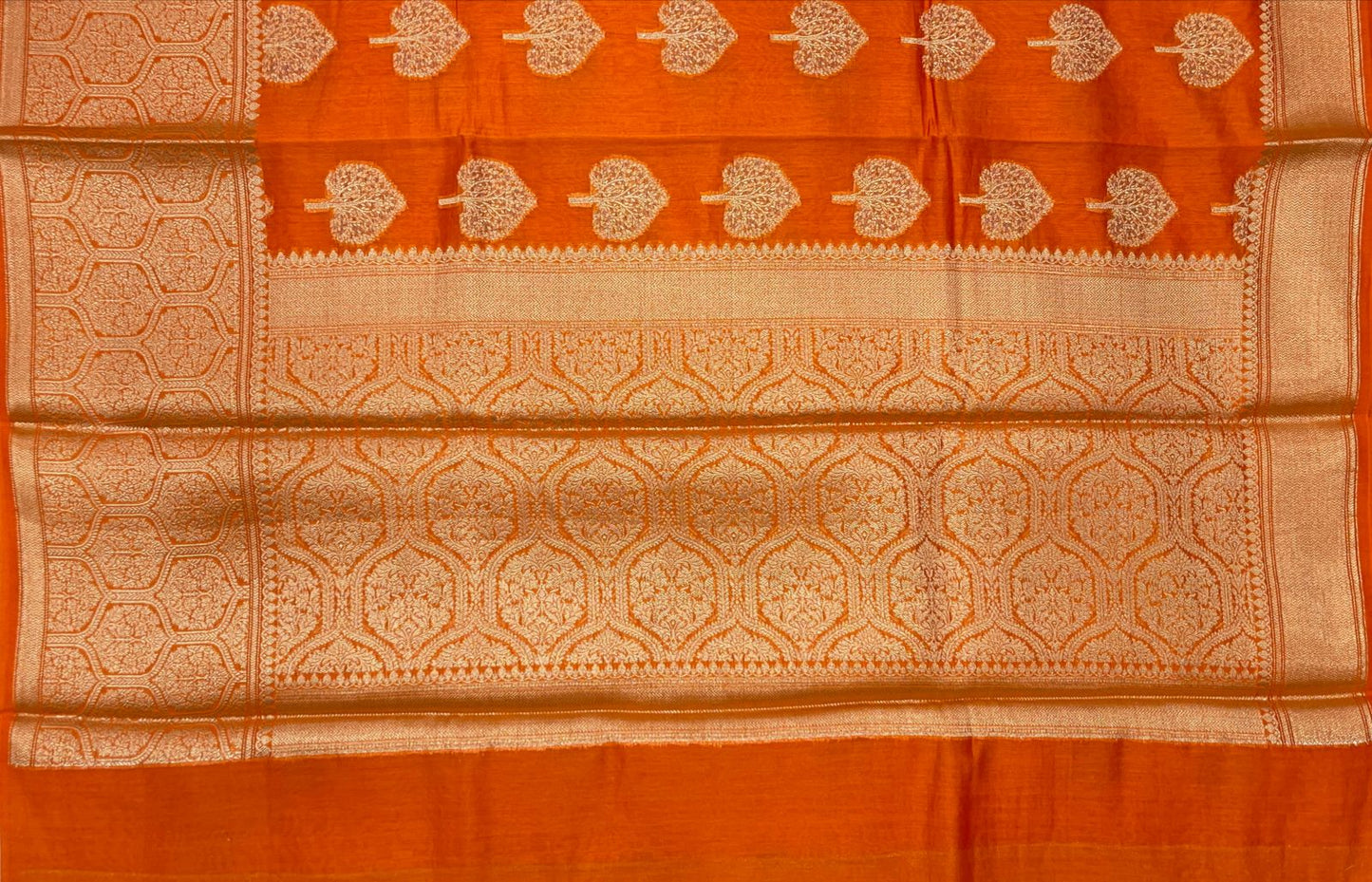 Faishana Pure Handloom Orange Cotton Golden Zari Paan Boota with Skirt Floral Zari Border and Orange Blouse