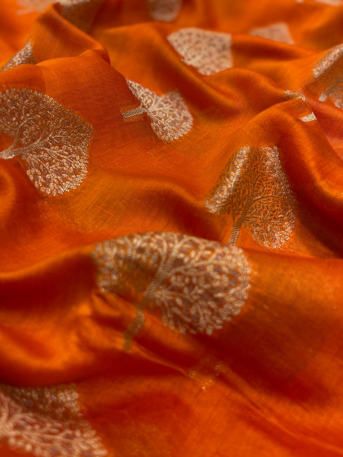 Faishana Pure Handloom Orange Cotton Golden Zari Paan Boota with Skirt Floral Zari Border and Orange Blouse