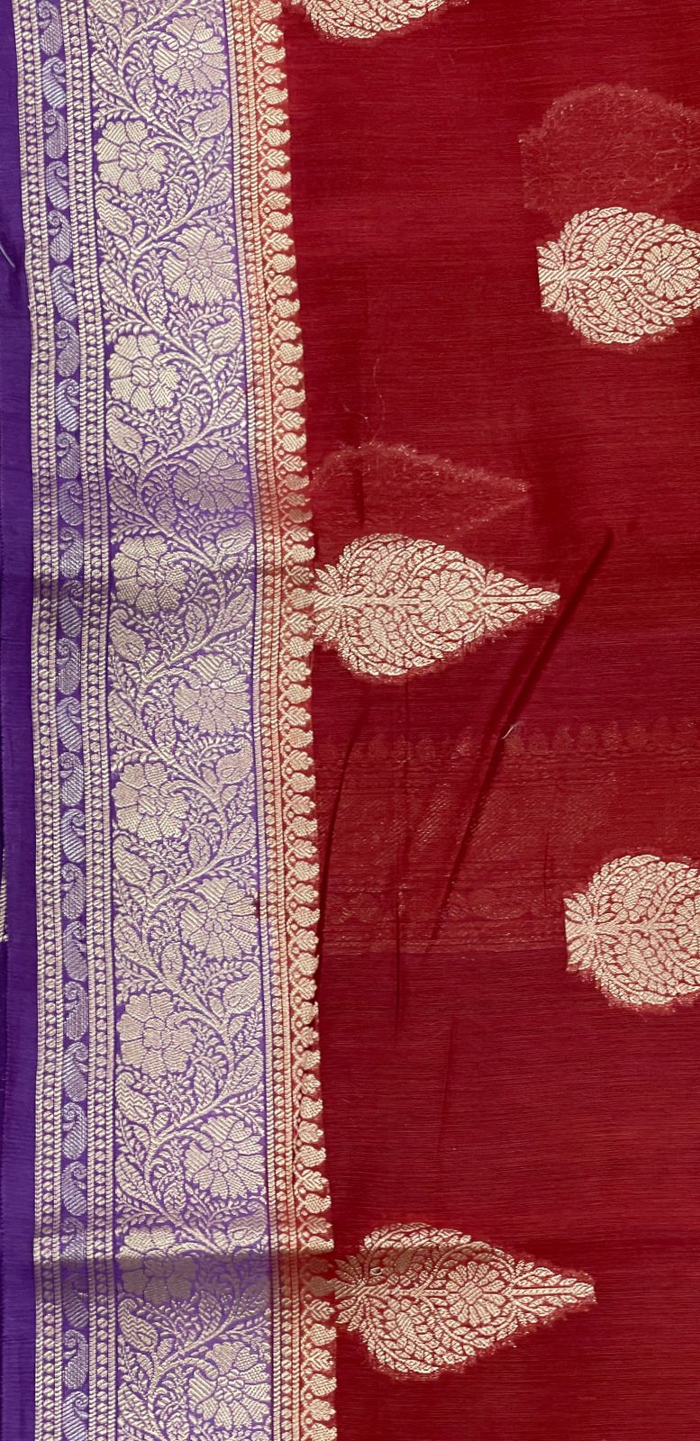 Faishana Pure Handloom Maroon Cotton Golden Zari Floral Boota with Contrast Violet Floral Zari Jaal Pallu and Border with Violet Blouse