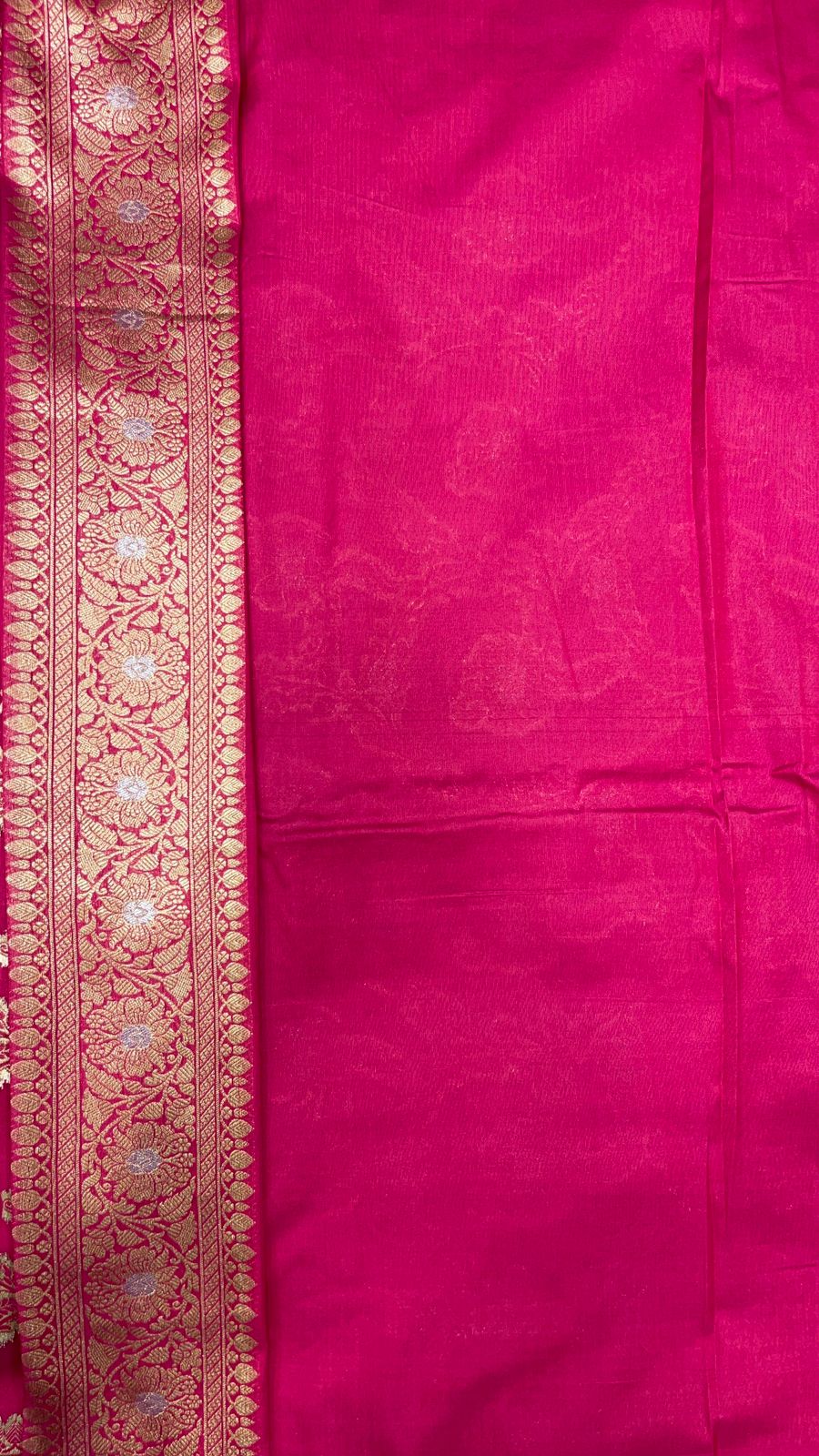 Faishana Presents Pink Katan Silk Floral Tilfi Zari Mina Jaal with Leaf Pattern Silver Mina Pallu Zari Border and Pink Blouse