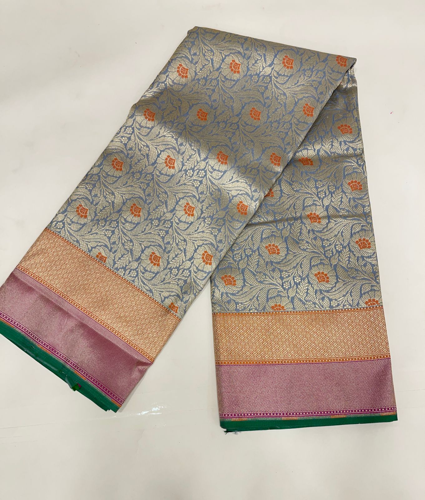 Faishana Presents Sky Blue Katan Silk Floral Zari Mina Jaal with Banarasi Zari 2D Border and Pallu with Sky Blue Blouse