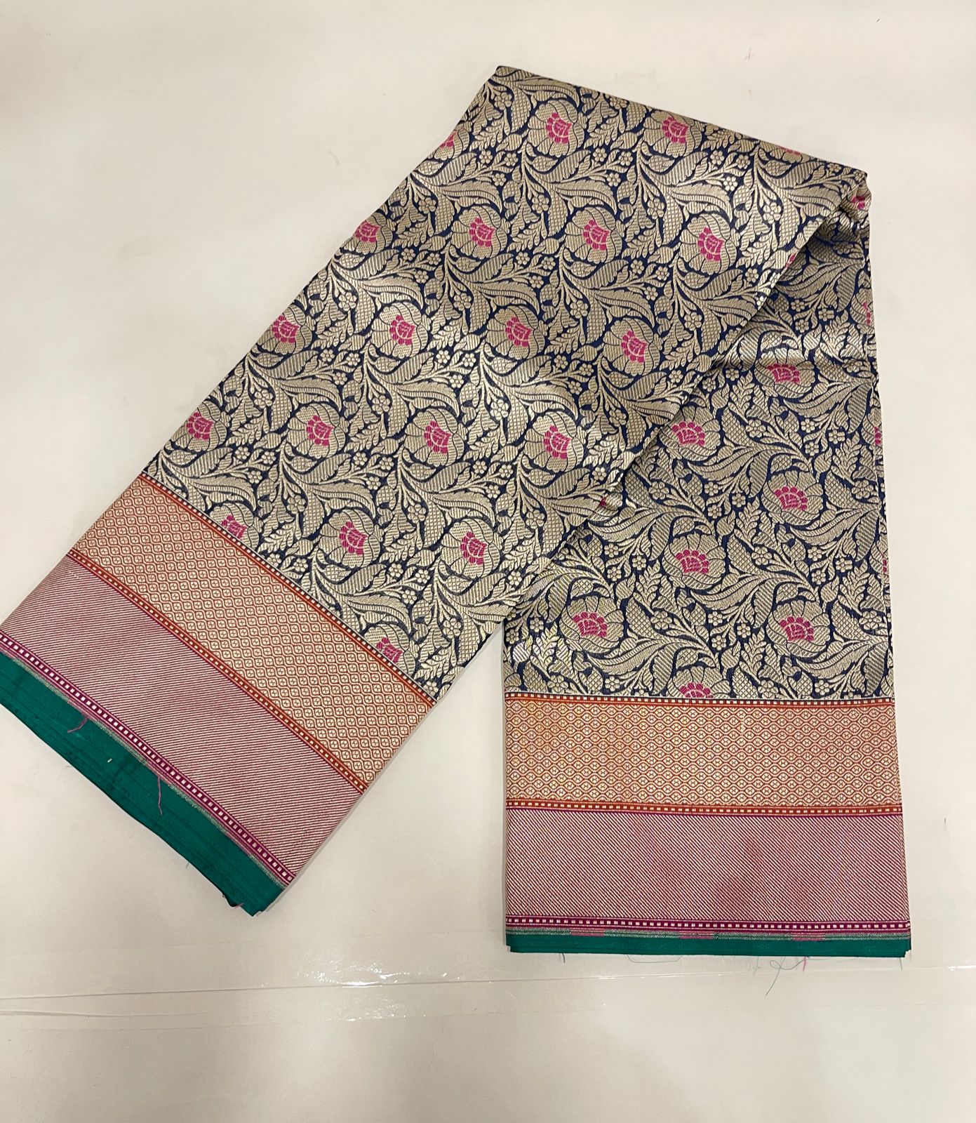 Faishana Presents Navy Blue Katan Silk Floral Zari Mina Jaal with Banarasi Zari 2D Border and Pallu with Navy Blue Blouse