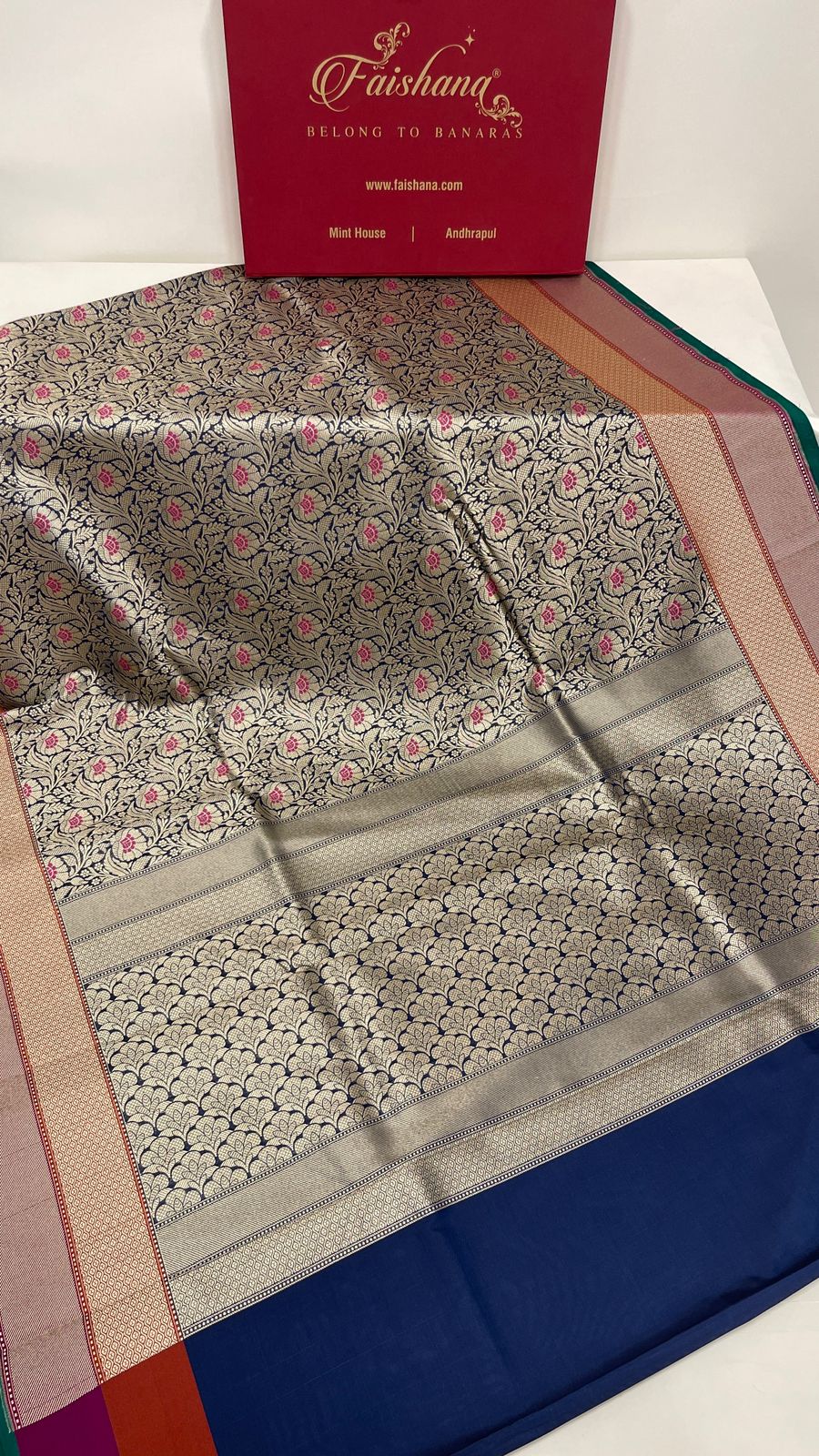 Faishana Presents Navy Blue Katan Silk Floral Zari Mina Jaal with Banarasi Zari 2D Border and Pallu with Navy Blue Blouse