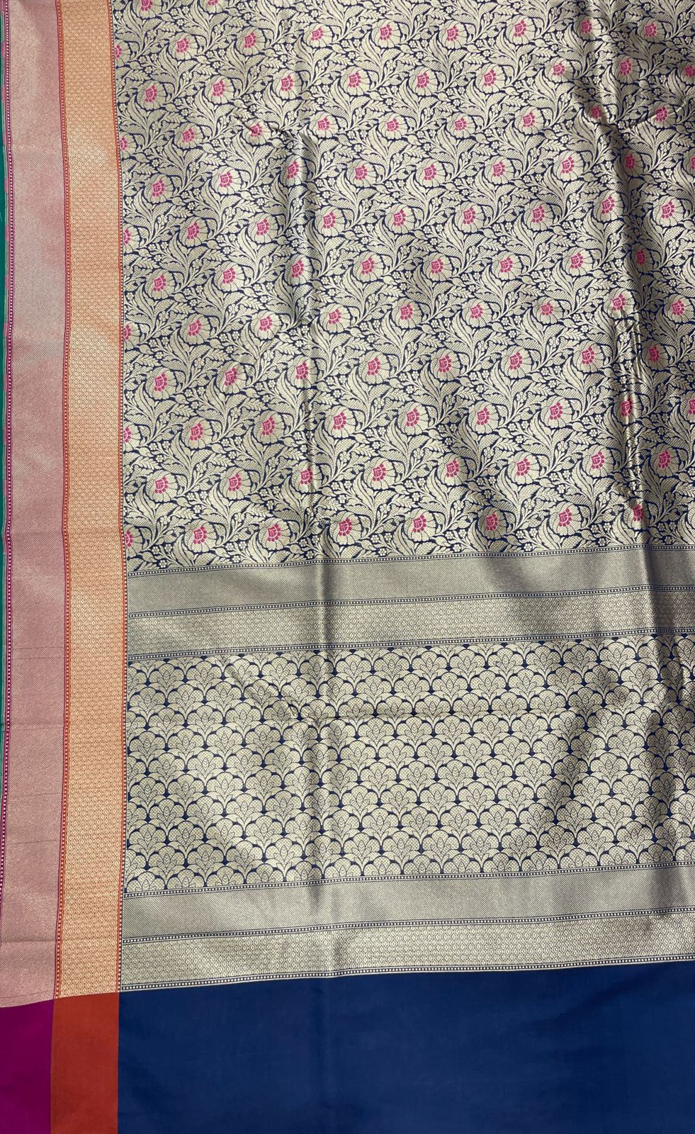 Faishana Presents Navy Blue Katan Silk Floral Zari Mina Jaal with Banarasi Zari 2D Border and Pallu with Navy Blue Blouse