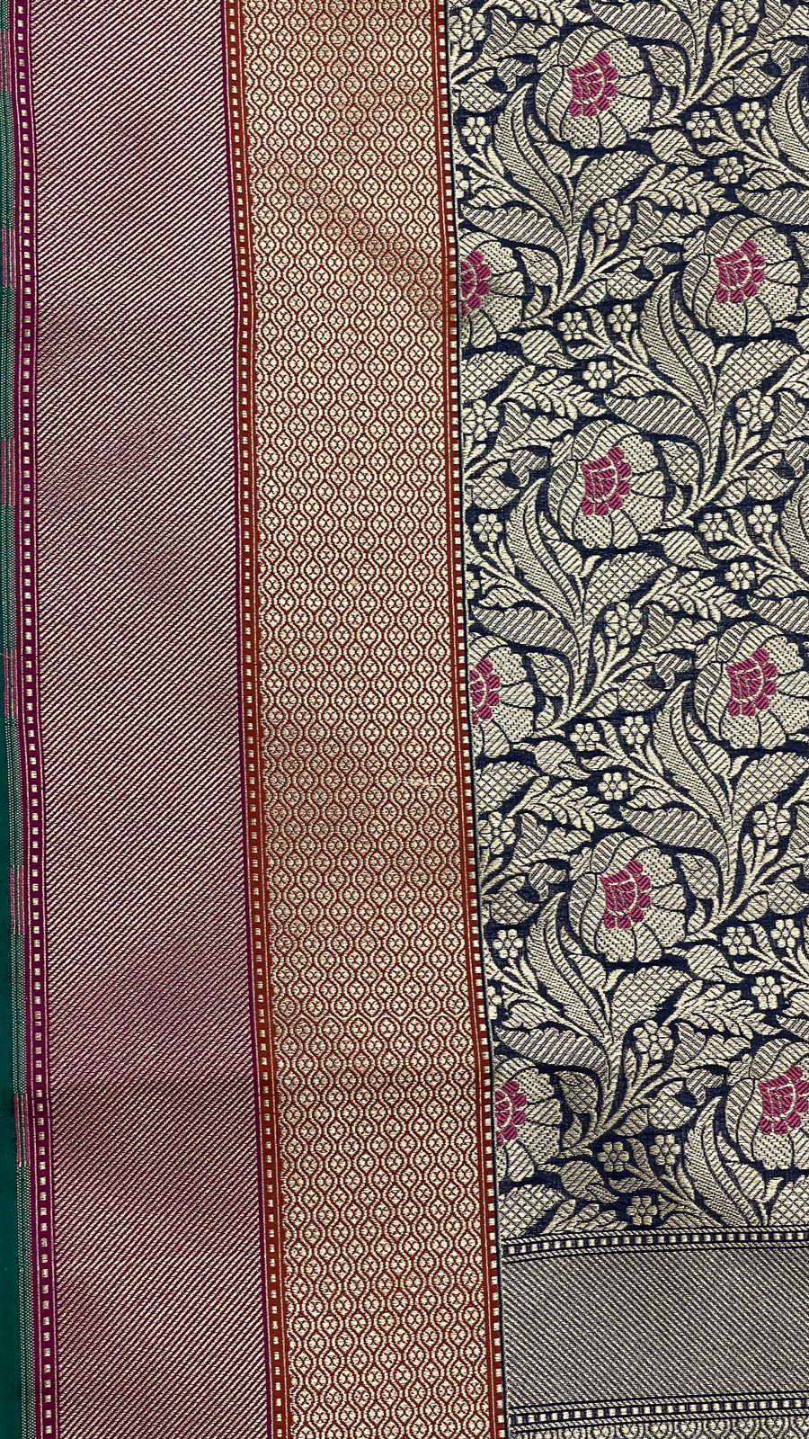 Faishana Presents Navy Blue Katan Silk Floral Zari Mina Jaal with Banarasi Zari 2D Border and Pallu with Navy Blue Blouse