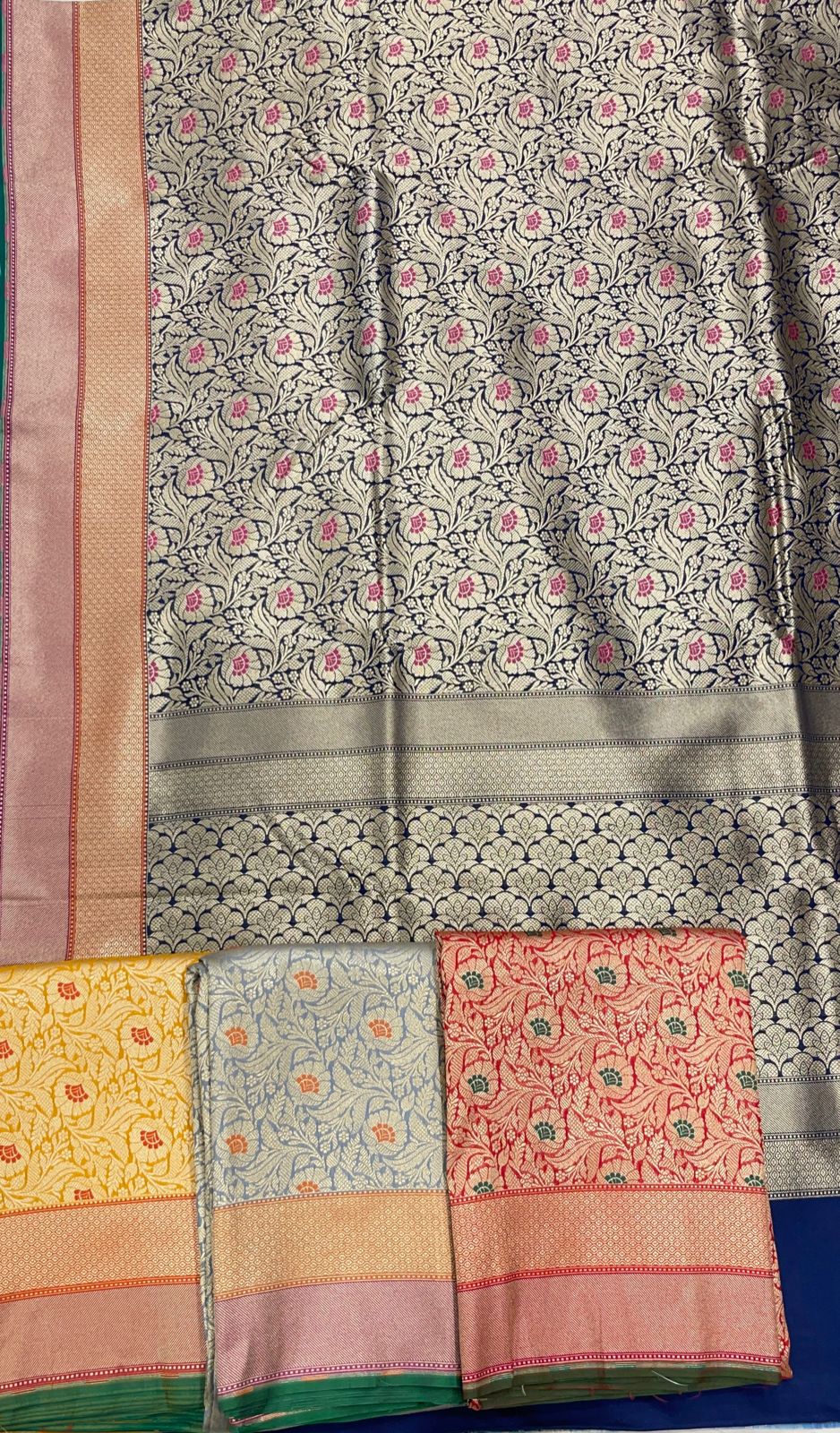Faishana Presents Navy Blue Katan Silk Floral Zari Mina Jaal with Banarasi Zari 2D Border and Pallu with Navy Blue Blouse