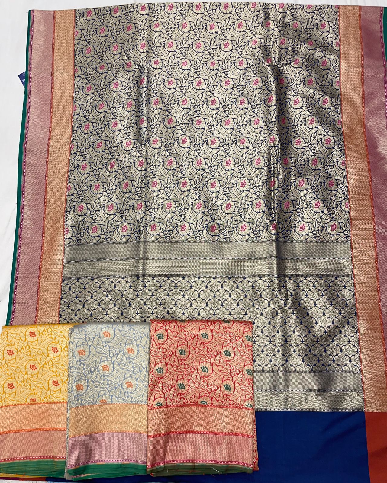 Faishana Presents Navy Blue Katan Silk Floral Zari Mina Jaal with Banarasi Zari 2D Border and Pallu with Navy Blue Blouse