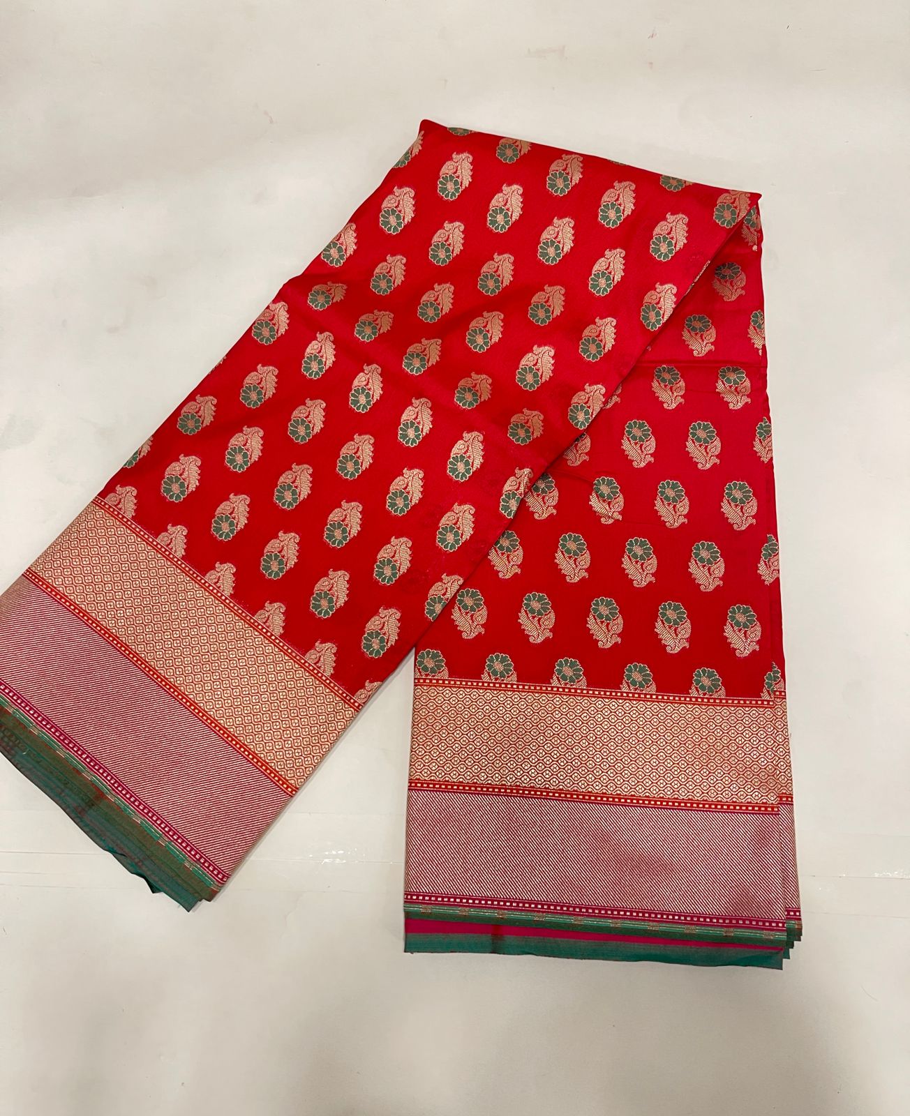 Faishana Presents Red Katan Silk Floral Zari Mina Booti with Banarasi 2D Zari Border and Floral Pallu with Red Blouse