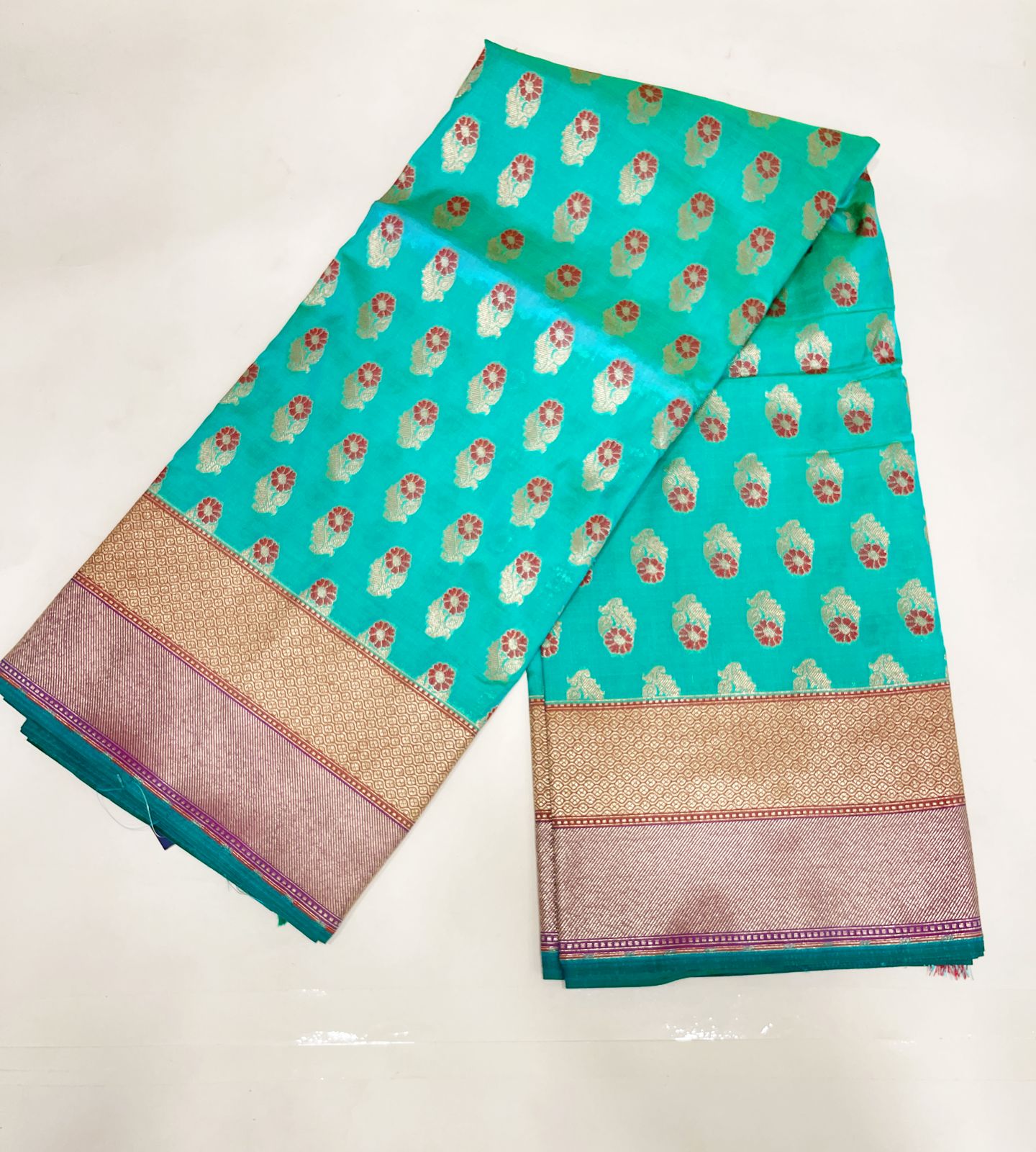 Faishana Presents Sea Green Katan Silk Floral Zari Mina Booti with Banarasi 2D Zari Border and Floral Pallu with Sea Green Blouse