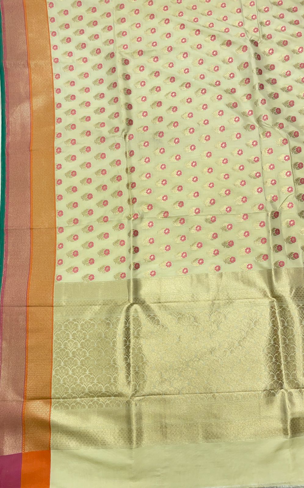 Faishana Presents Off-white Katan Silk Floral Zari Mina Booti with Banarasi 2D Zari Border and Floral Pallu with Off-white Blouse