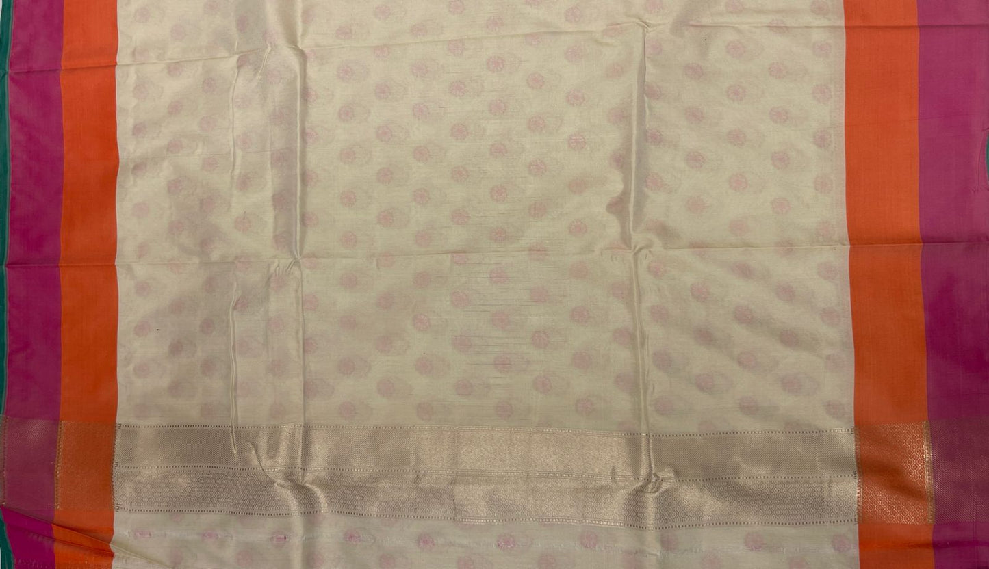 Faishana Presents Off-white Katan Silk Floral Zari Mina Booti with Banarasi 2D Zari Border and Floral Pallu with Off-white Blouse