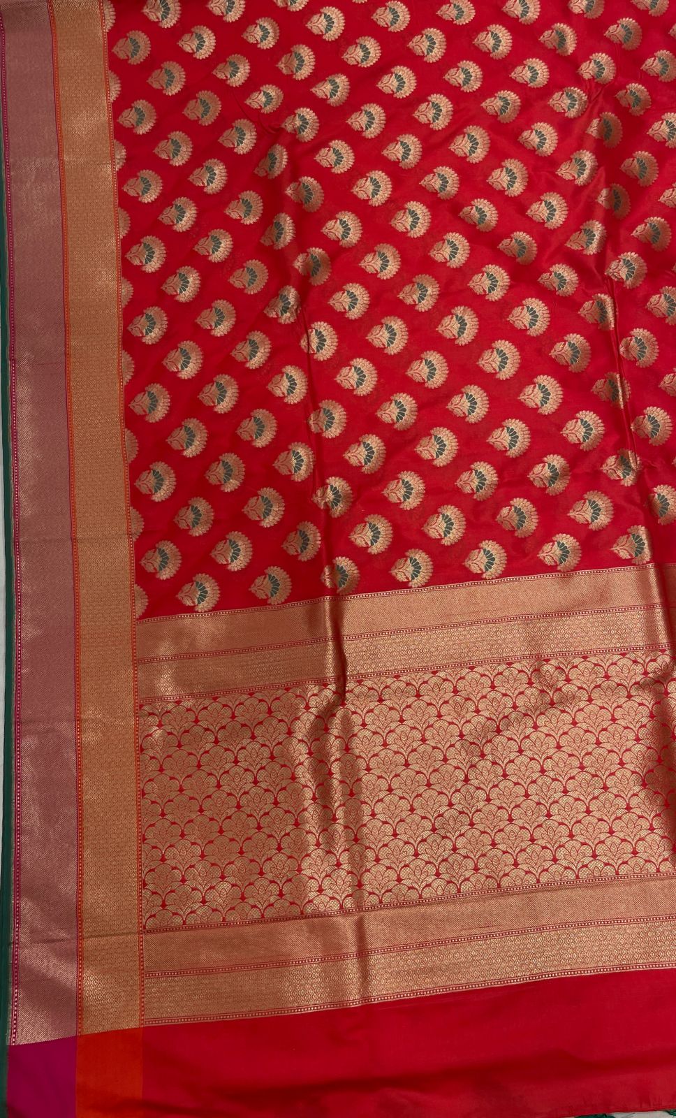 Faishana Presents Red Katan Silk Floral Zari Minakari Booti with Banarasi 2D Zari Border and Floral Pallu with Red Blouse