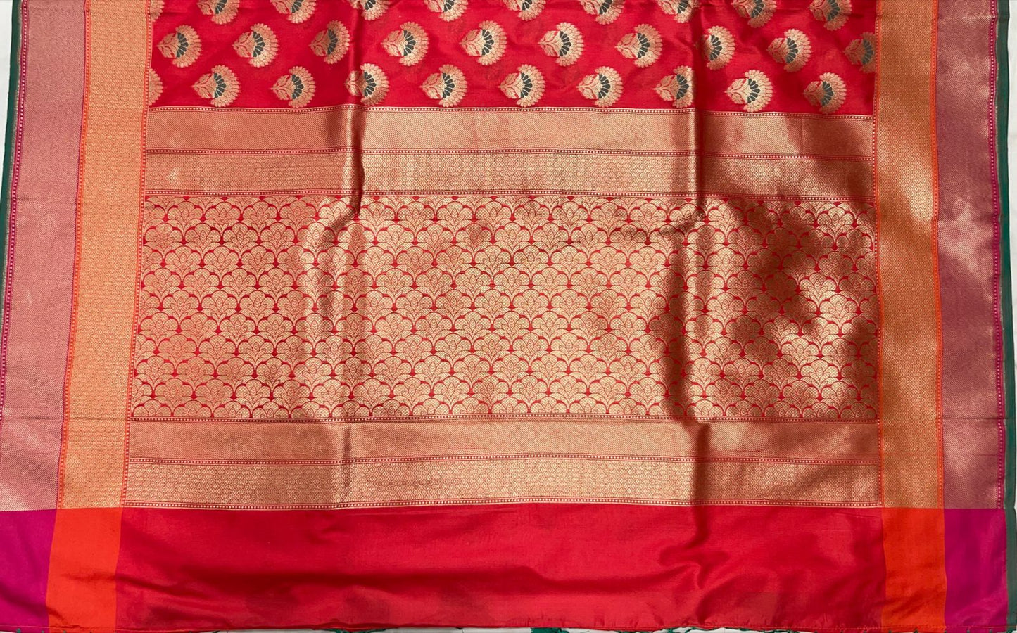 Faishana Presents Red Katan Silk Floral Zari Minakari Booti with Banarasi 2D Zari Border and Floral Pallu with Red Blouse