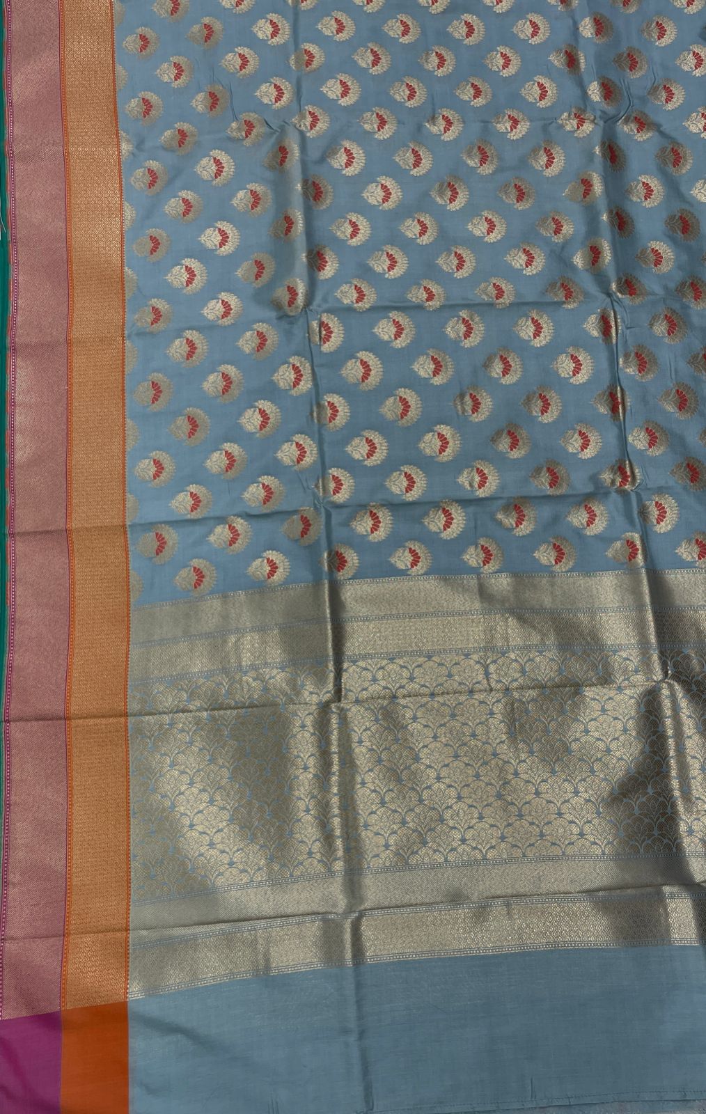 Faishana Presents Light Blue Katan Silk Floral Zari Minakari Booti with Banarasi 2D Zari Border and Floral Pallu with Light Blue Blouse