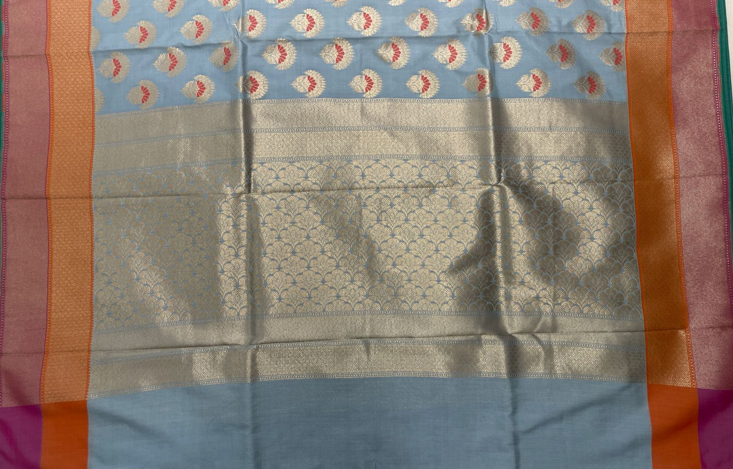Faishana Presents Light Blue Katan Silk Floral Zari Minakari Booti with Banarasi 2D Zari Border and Floral Pallu with Light Blue Blouse